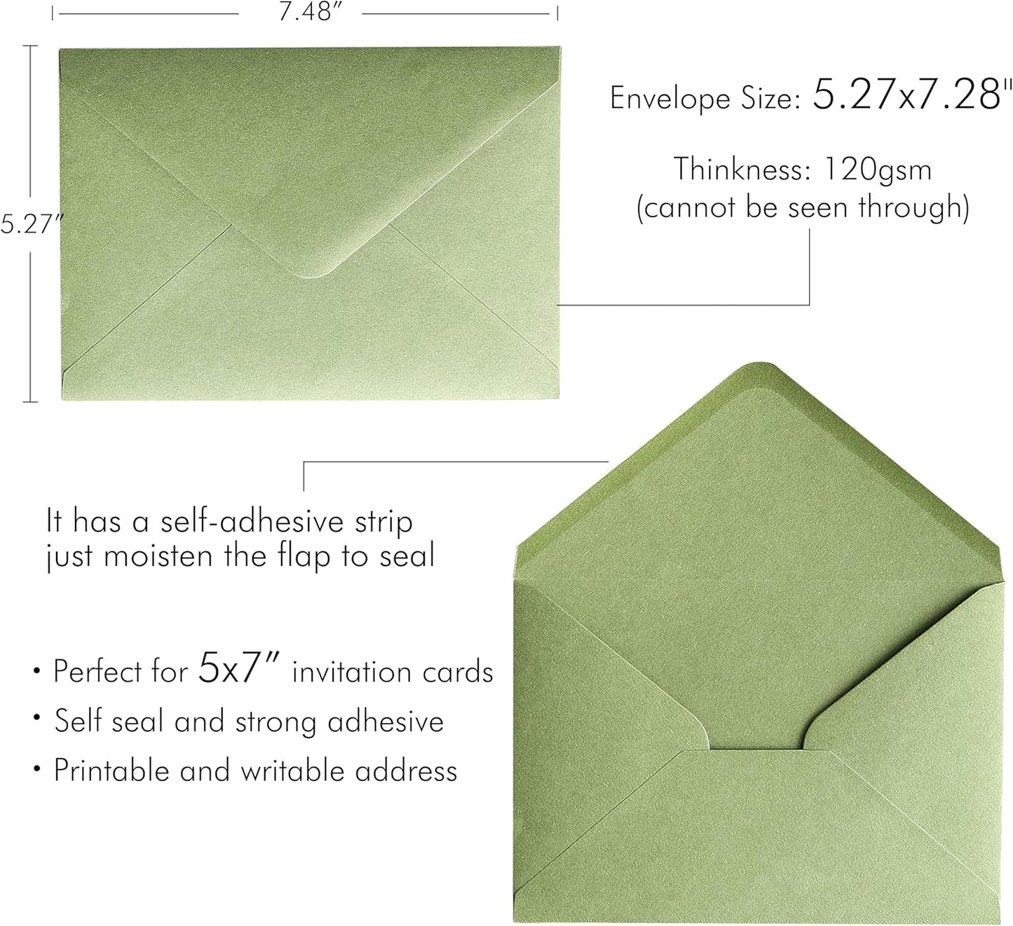 PONATIA 50 PCS/Pack A7 Envelopes, 5.25 x 7.48'' Sage Green Envelopes For 5 x 7'' Weddings Invitation Cards, Christmas Gift Cards, Acrylic Invitations, Photos and Any 5x7 Inserts