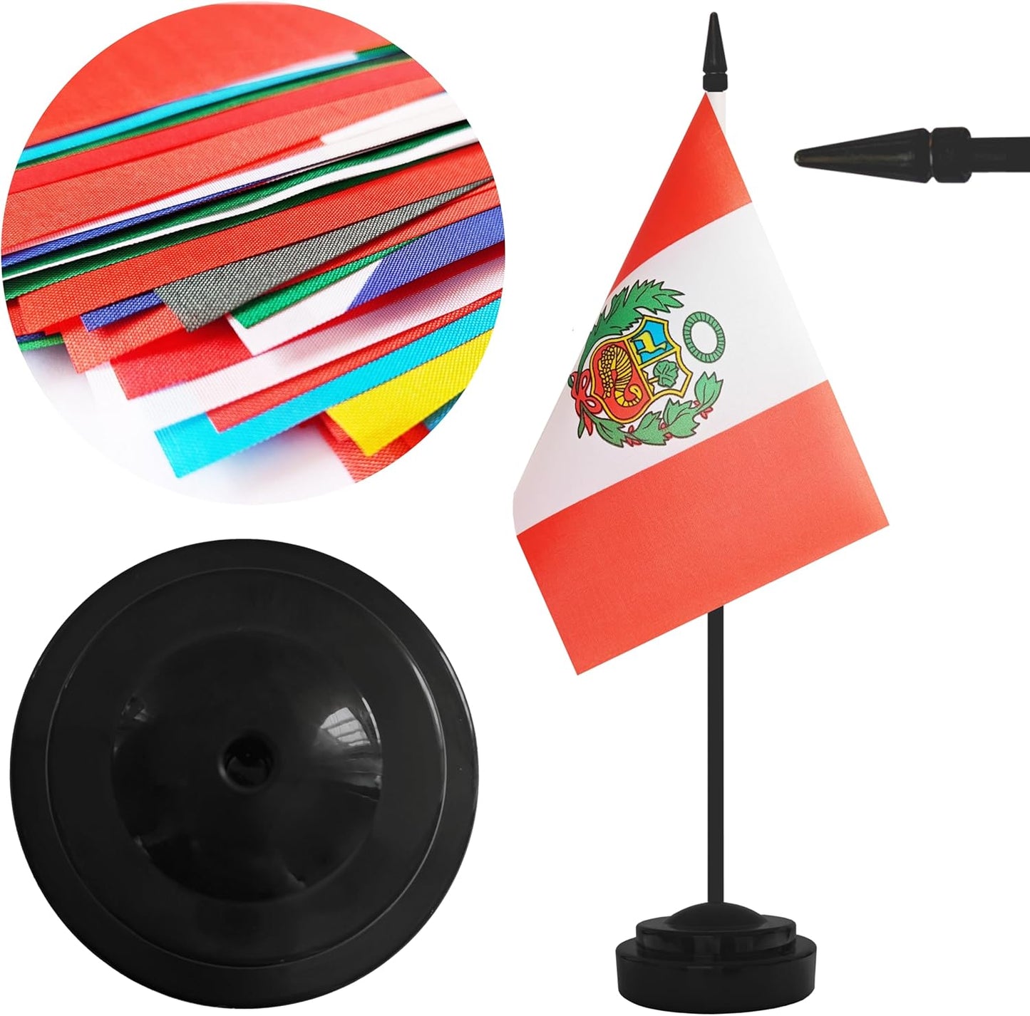 2 Pack Peru Desk Flag Set, Peruvian Desktop Small Miniature Table Office Flag with 12" Black Pole and Black Base, Offices, Classroom, Home, Festival Decoration (Peru)