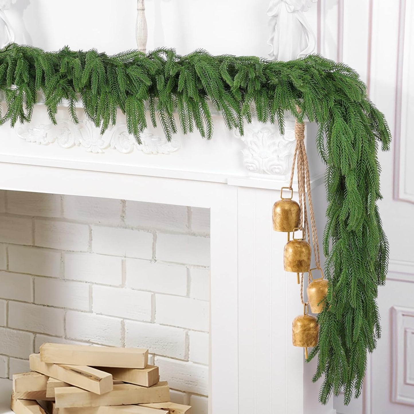 Hananona 4 Pcs 9 Ft Artificial Norfolk Pine Garlands, Real Touch Winter Pine Garland, Green Artificial Greenery Garland for Table, Mantle, Wall, Indoor, Outdoor Christmas Decorations (4, 9 Ft)