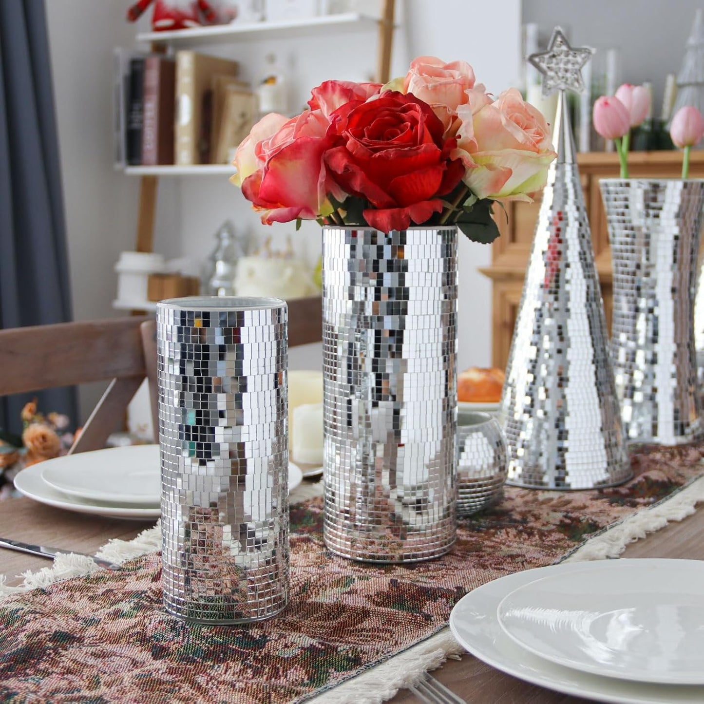 WDHODEC Disco Vase for Flowers 2 PCS Glass Mirror Vases for Living Room, Dining Room Centerpieces, Wedding Office Decorative Display Fresh Flowers, Candles, Or Seasonal Decorations