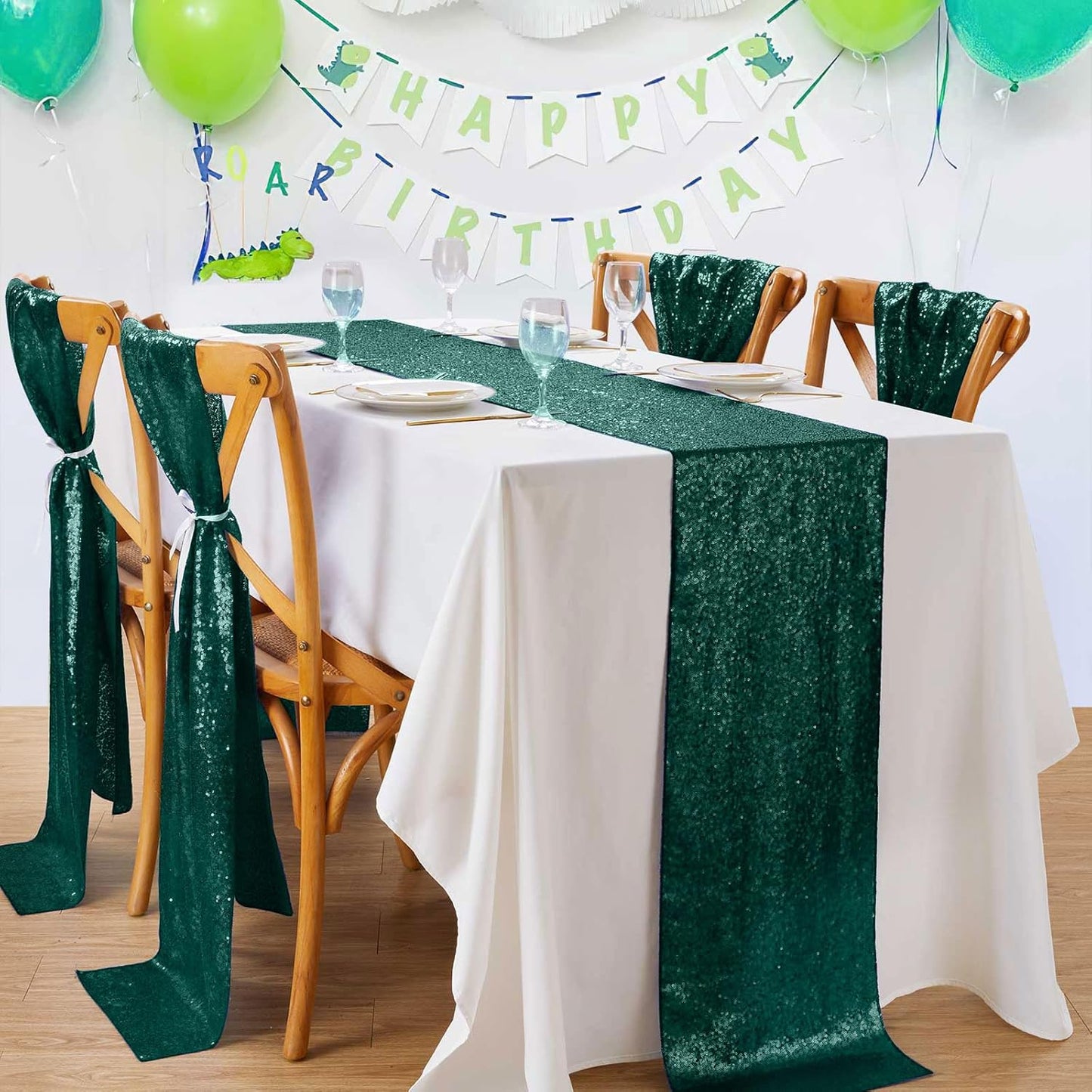Sequin Table Runners 12 Pieces Emerald Green Table Runners 12x108 Inch Glitter Dining Table Cover for Party Wedding Birthday Reception Banquet Decoration Spring Party Chair Sashes