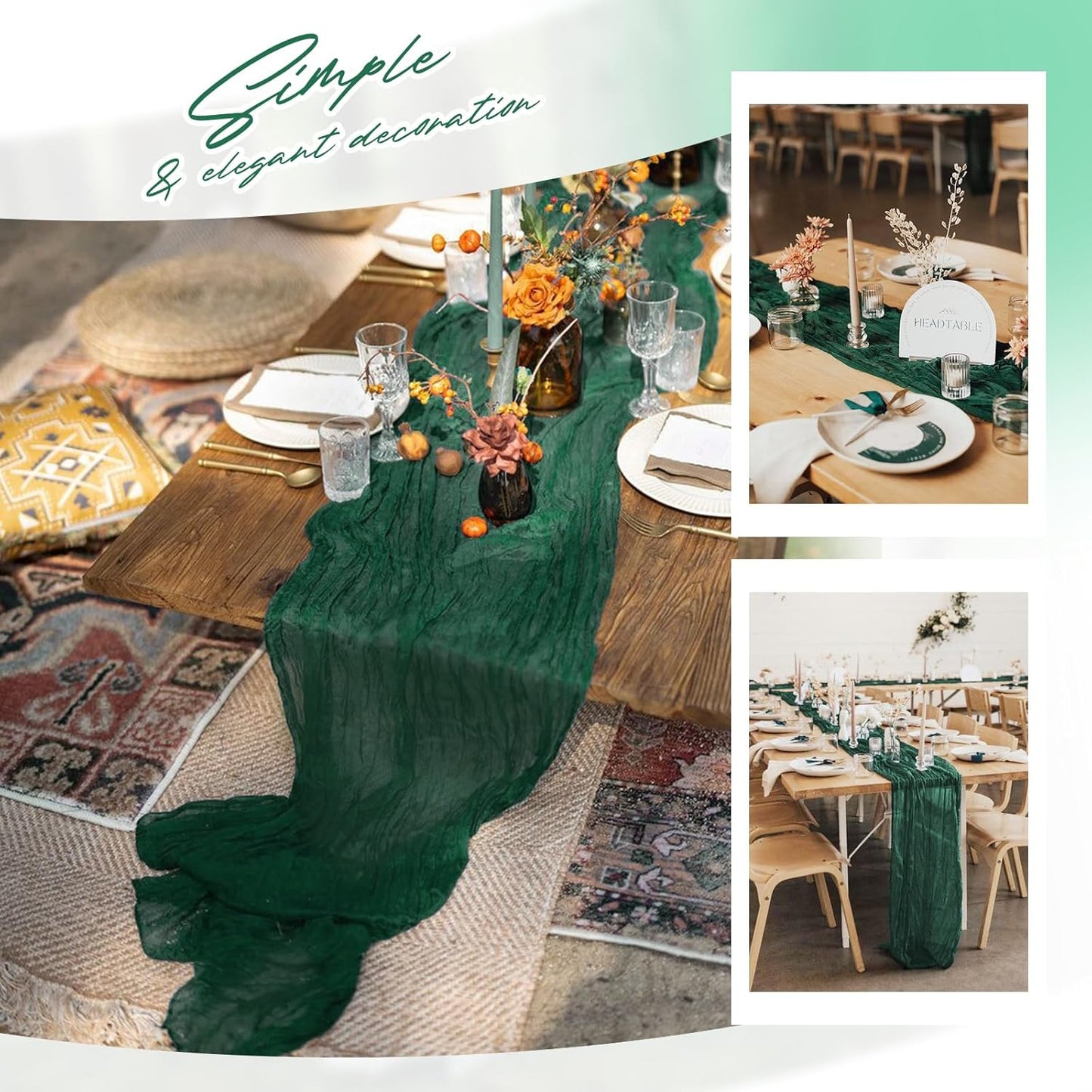Aktor 4 Pack Emerald Green Table Runner Boho Cheesecloth Table Runner Semi Sheer Gauze Fabric Runners for Wedding Birthday Baby Shower Party Boho Table Decoration（Emerald Green）