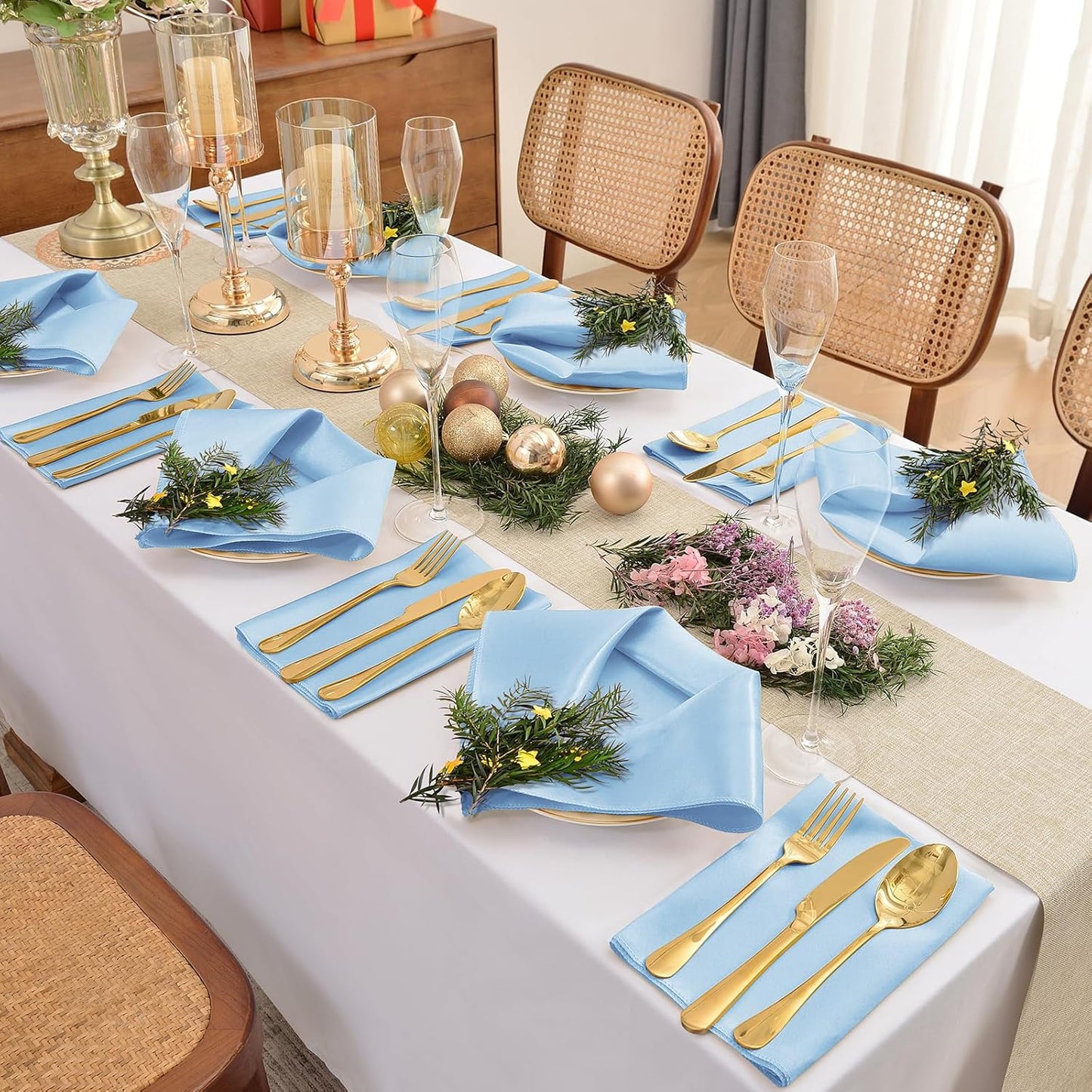 50 Pieces Light Blue Satin Napkins, 17" x 17" Square Table Napkins, Silky Soft Smooth Washable Napkins for Restaurant, Weddings, Dinner, Party Decoration