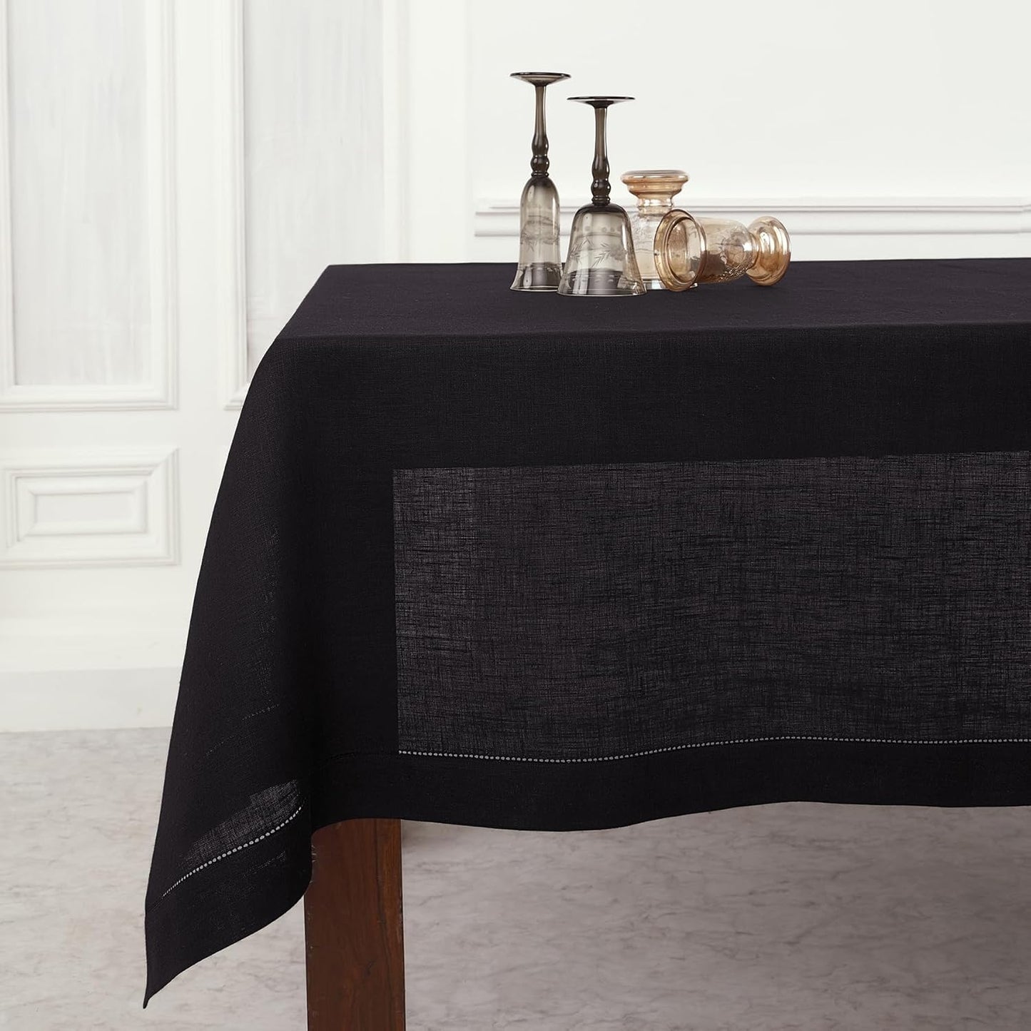 Solino Home Black Linen Tablecloth 60 x 144 Inch - Classic Hemstitch, 100% Pure Linen Rectangular Tablecloth - Machine Washable Table Cloth for Halloween
