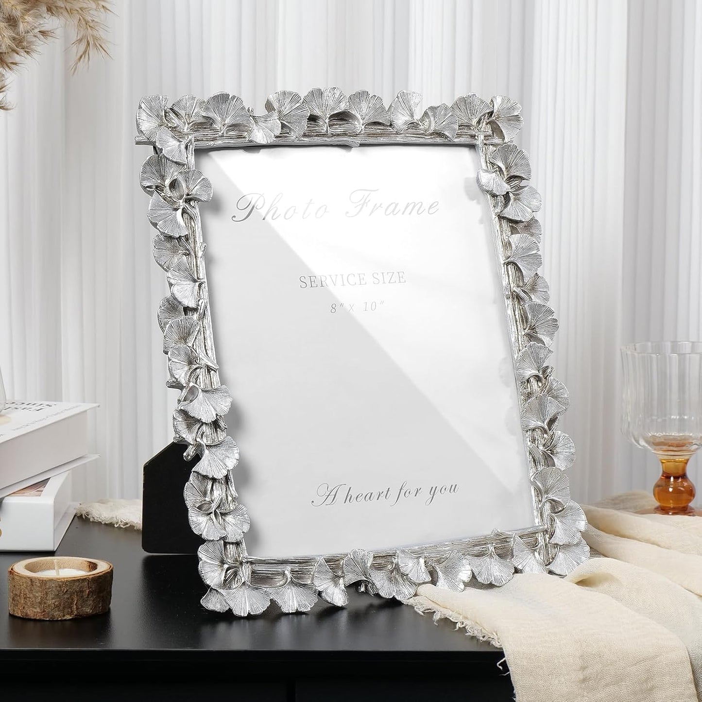 Cuspin Silver 8x10 Picture Frame, Vintage Silver Ornate Leaf Textured Hand-Crafted Resin with Glass Front Antique Photo Frame for Tabletop Display, Retro Design Home Decor