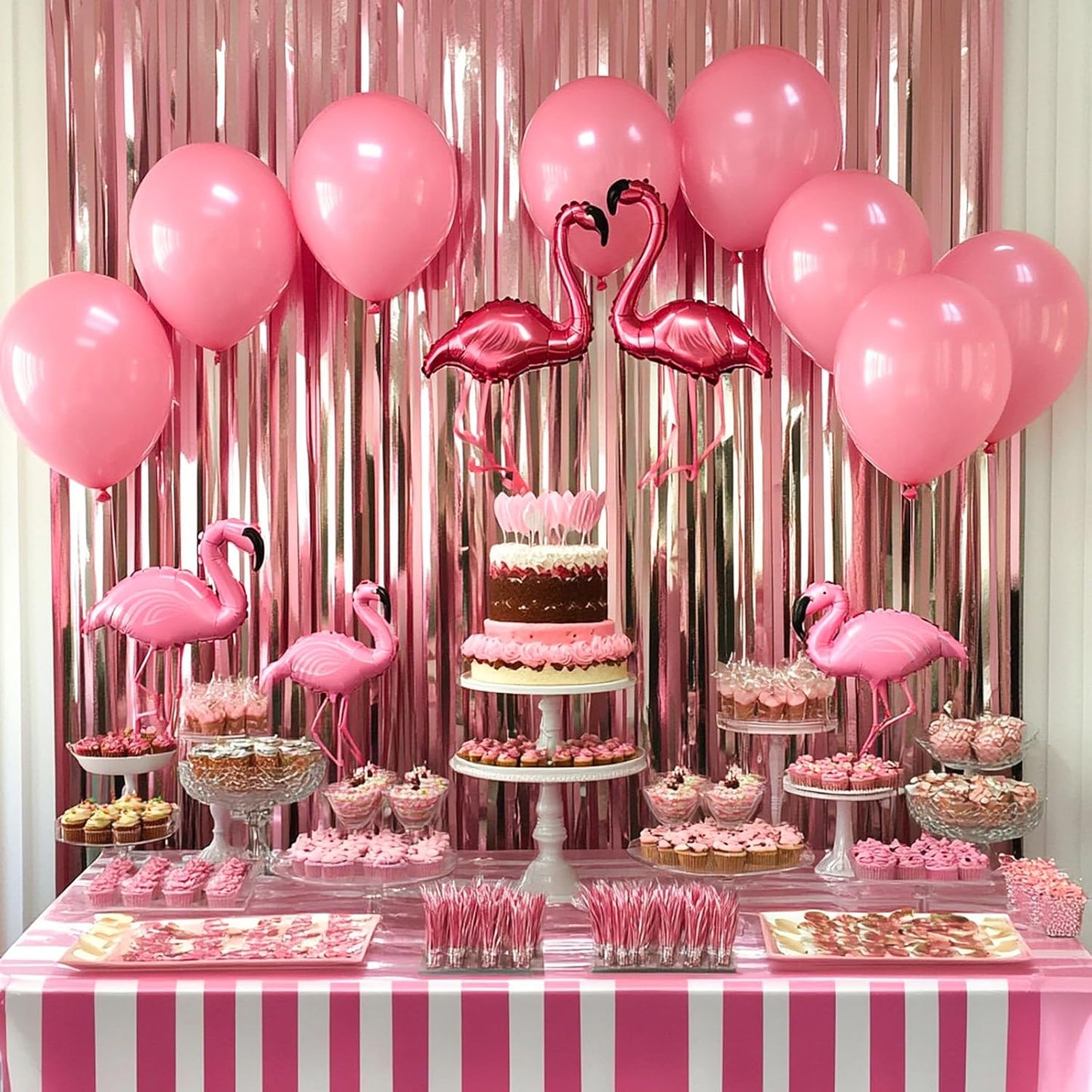 PartyWoo Pink Streamers Foil Fringe Curtain Backdrop 3Pcs 8.2ft Pastel Baby Light Pink Tinsel Backdrop for Princess Girls Baby Shower Birthday Graduation Wedding Sweet Bow Party Decorations