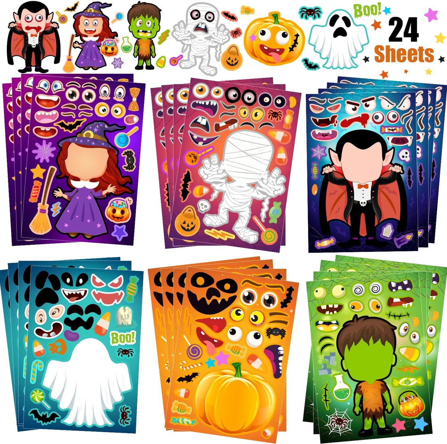 24 Sheets Halloween Stickers, Make Your Own Halloween Stickers for Kids, Halloween Party Favors, Halloween Crafts for Kids Trick or Treat Party Supplies