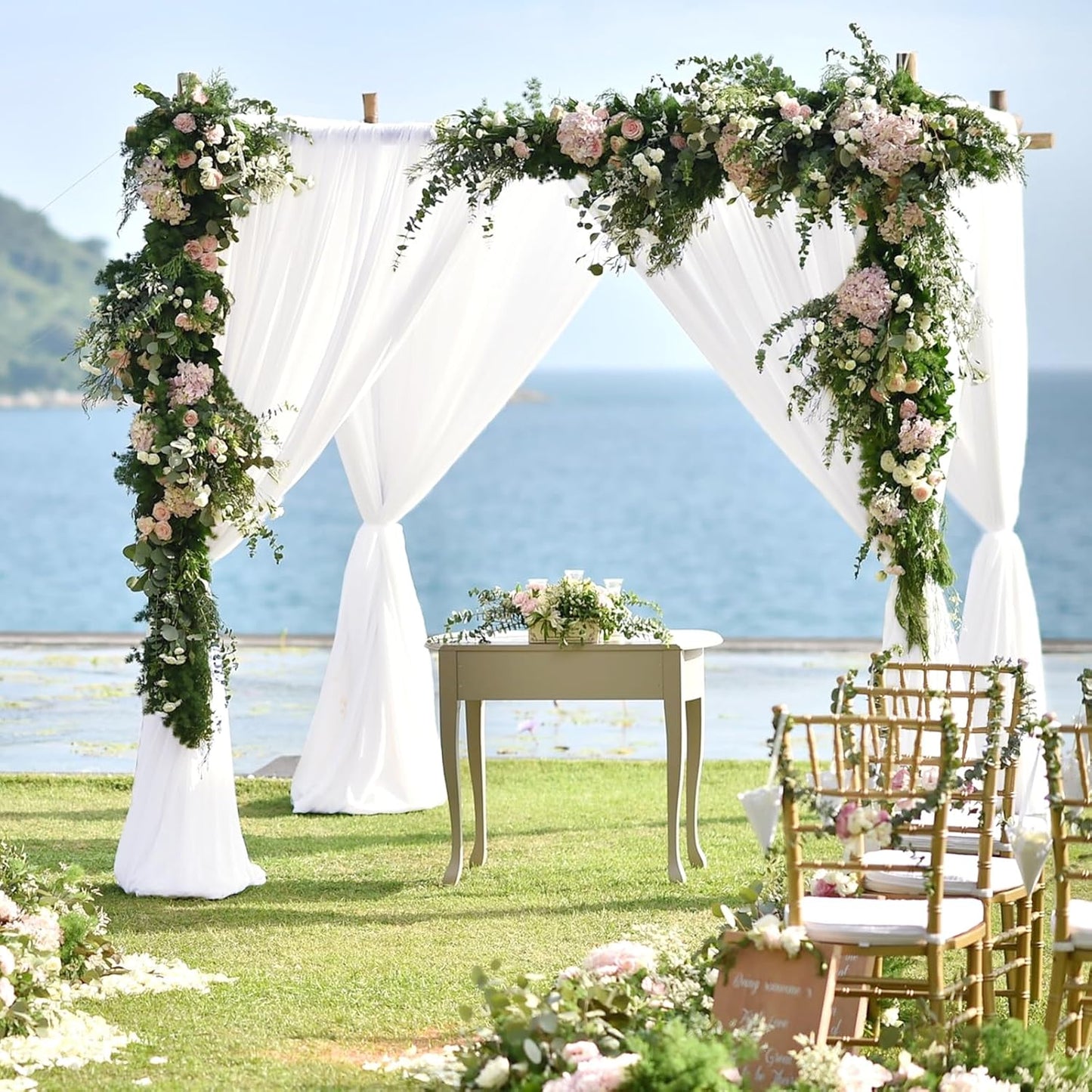 VOK White Wedding Arch Draping Fabric Chiffon Fabric, 29in x 18Ft 2 Panels Sheer Chiffon Outdoor Curtain for Wedding Ceremony Birthday Party Decoration (White,2 Panel)