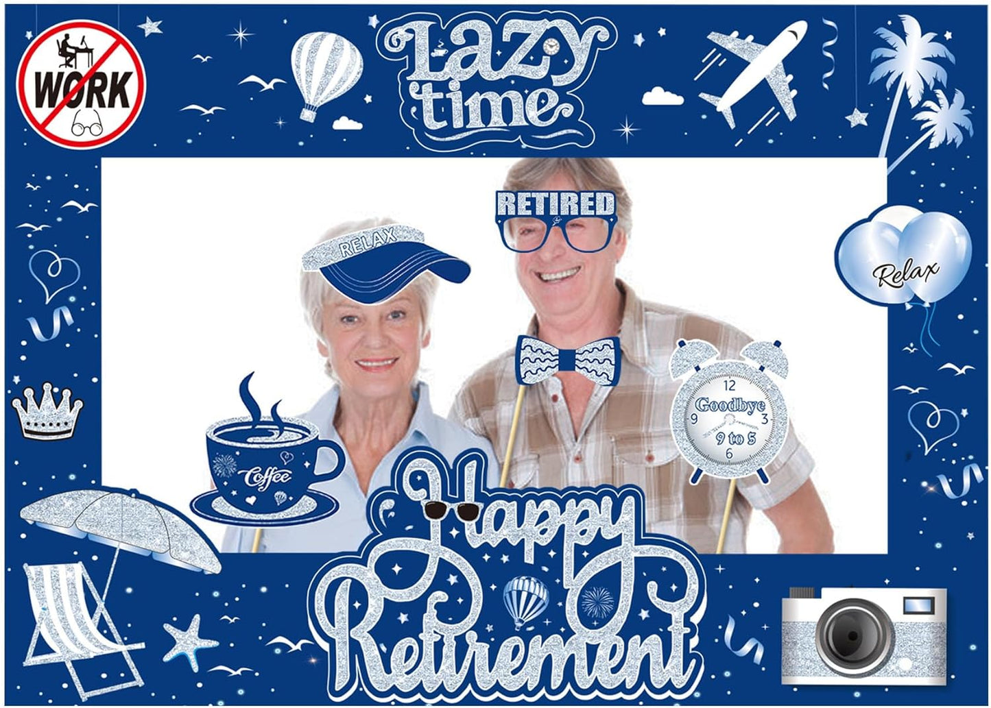 Retirement Party Photo Booth Props Kit - 27pcs Paper Photo Props 1 Frame Glitter Retirement Party Decorations for Retiree Celebration, Farewell Office Party Supplies (Blue and Silver)