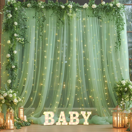 10×10ft Green Tulle Backdrop Curtain with Lights String for Parties, Sheer Photo Curtain Backdrop Drapes for Wedding Party Photography Backgrounds