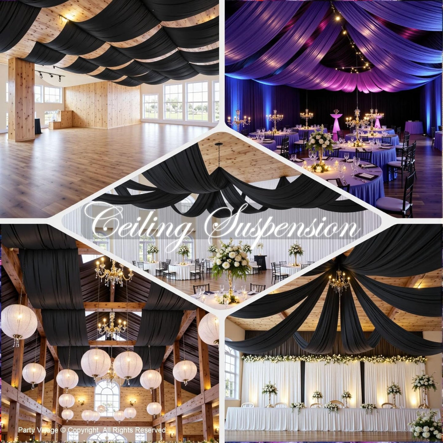 PartyVillage 10 Panels 5ftx30ft Black Ceiling Drapes for Halloween Parties – 30 FT Extra Long Thick Polyester Wrinkle-Free Drapery Tent Decor Decorations for Birthday Party Ceremony Stage Swag