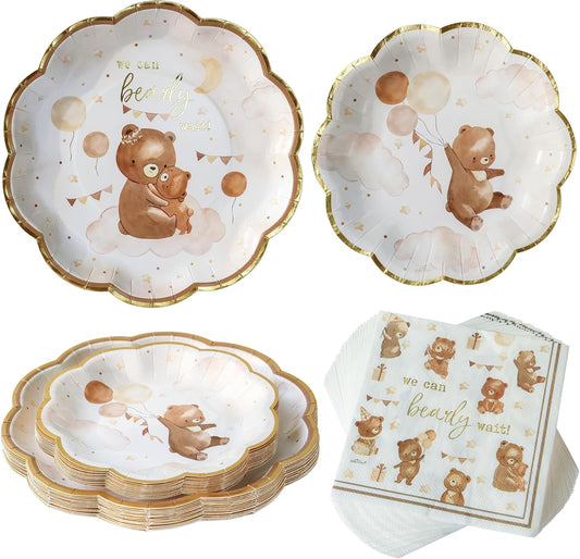 Kate Aspen We Can Bearly Wait Baby Shower Plates and Napkins Party Decorations Plates & Napkins; Adorable & Classic Teddy Bear Baby Shower (62 Piece - 16 Guests)
