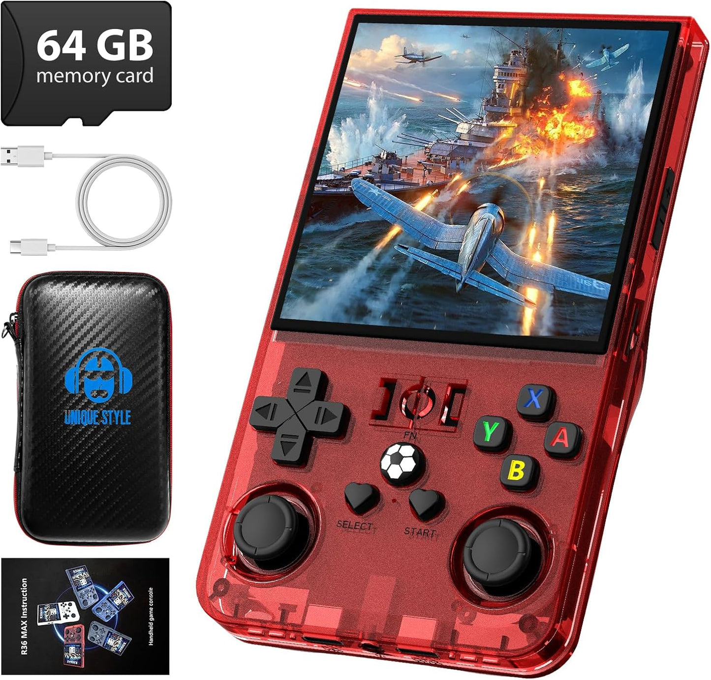 R36MAX Retro Handheld Game Console, 4.0 Inch 720x720 IPS Screen, Built-in 18,000+ Classic Game, Portable Hand Held Open Source Linux System, 4000mAh Battery Retro Gaming Console (Red 64GB)