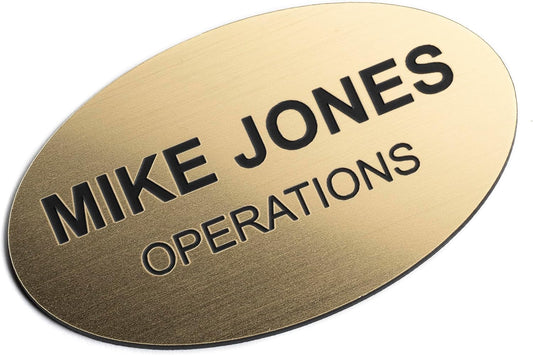 Custom Engraved Name Tag Badges – Personalized Identification with Pin or Magnetic Backing, 3.2 Inch Oval, Radiant Gold/Black