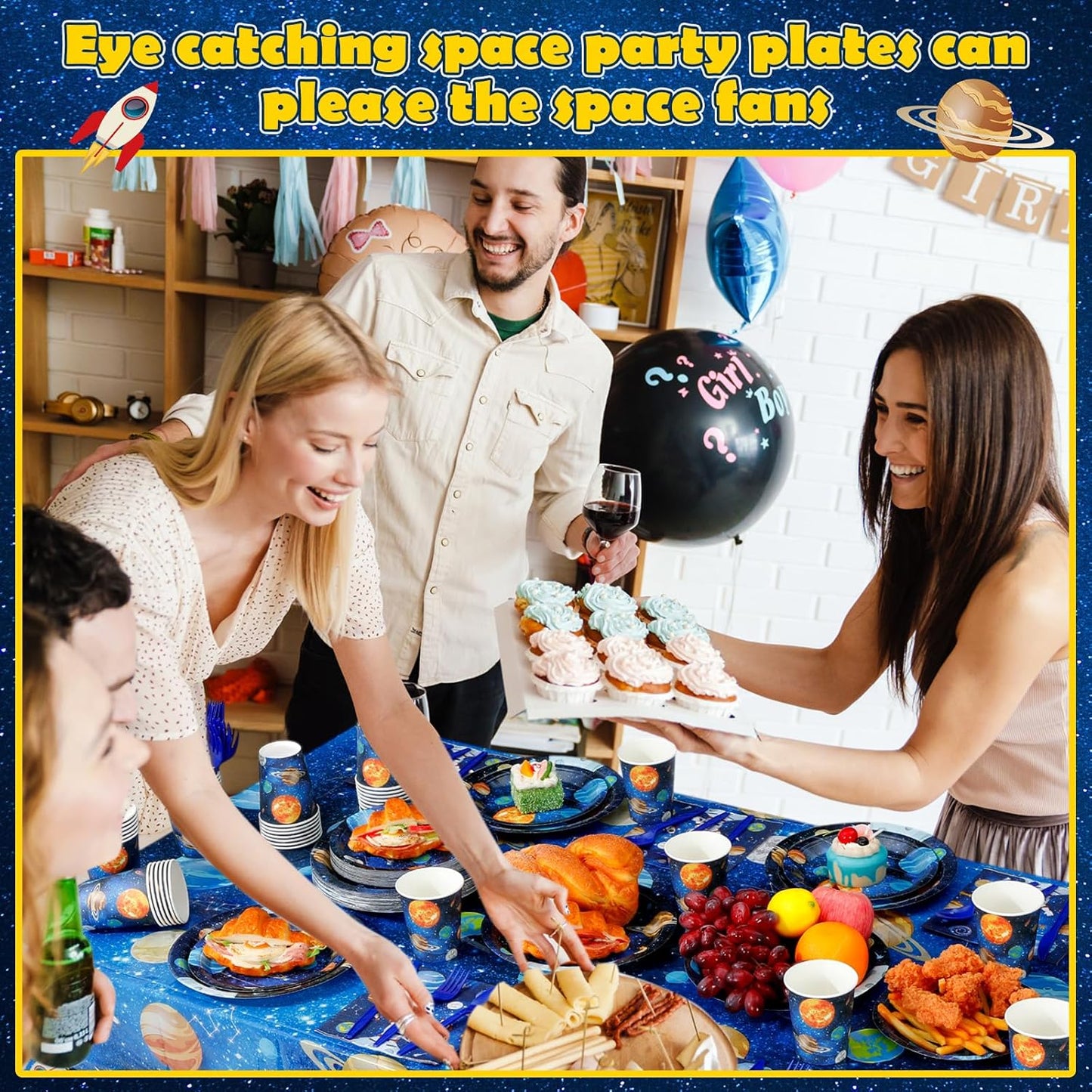 452 Pcs Space Birthday Party Decorations for 50, Solar System Paper Plates Napkins Cups Tablecloth Cutlery Straws Astronaut Tableware Set for Birthday Baby Shower Party Supplies