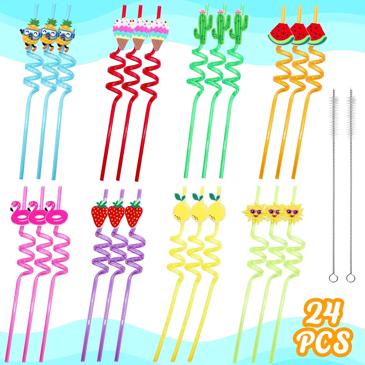 Summer Reusable Drinking Straws 24 Packs Pool Party Decorations Beach Fruit Party Favors Hawaiian Tropical Straws Goodie Bag Gifts for Birthday Party Supplies with 2 Cleaning Brushes