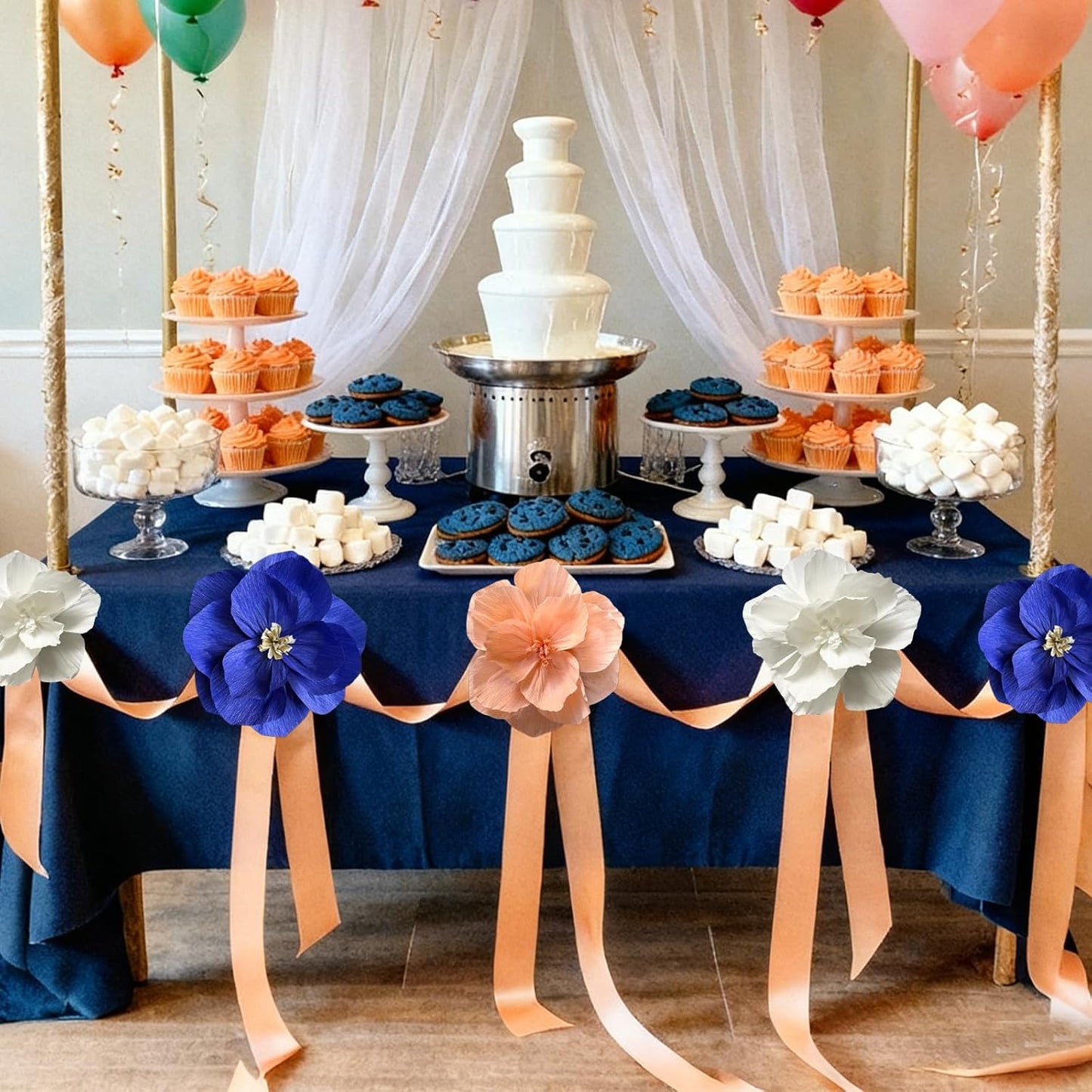 BRT Bearingshui Crepe Paper Flowers Decoration for Wall Total 9 Pcs, Artificial Flowers Backdrop for Wedding Decor Baby Bridal Shower Birthday Party, Navy Blue Coral White 3D Wall Flowers Decor