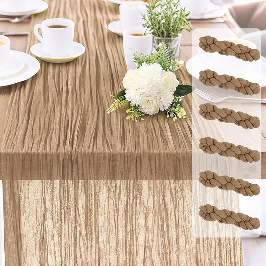 6-Pack Khaki Cheesecloth Table Runners – 10FT (35x120 Inch) Boho Rustic Gauze Fabric Cheese Cloth Table Runner for Weddings, Baby Showers, Bridal Shower, Farmhouse & Birthday Party Decor