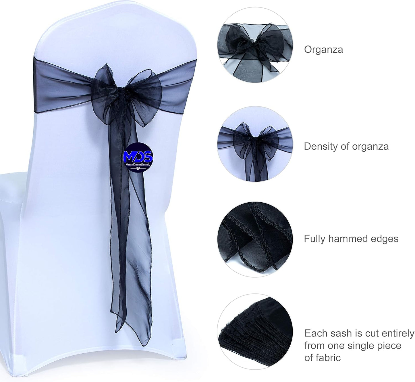 MDS Pack of 75 PCS Organza Chair Sashes Wider Dining Chair Bows Ribbon Tie Back for Wedding Party Birthday Bridal Shower Reception Event Banquet Home Chair Cover Decoration - Black