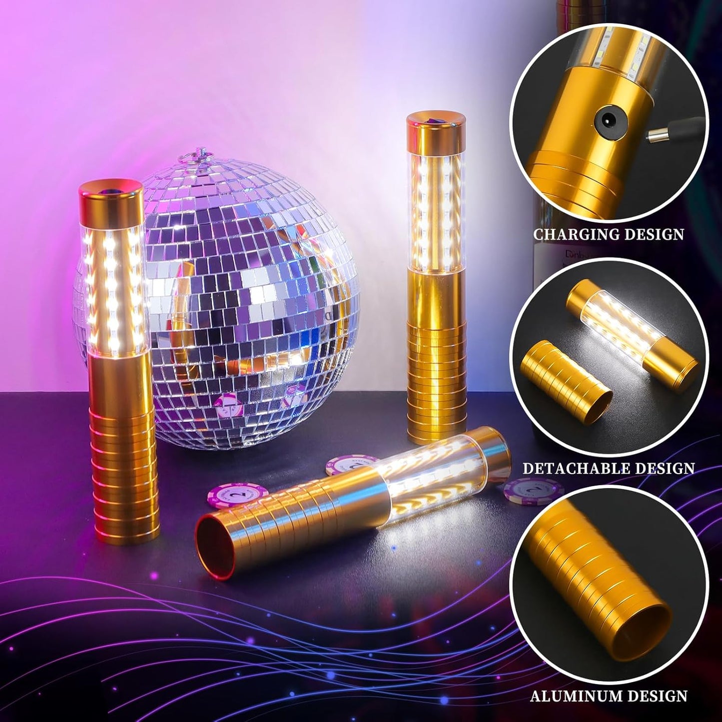 4 Pieces LED Strobe Baton Light Rechargeable Bottle Service Sparklers Stick Reusable Champagne Bottle Handheld LED for Club Stage Nightclub Party Concert Event Bar Outdoor - Gold