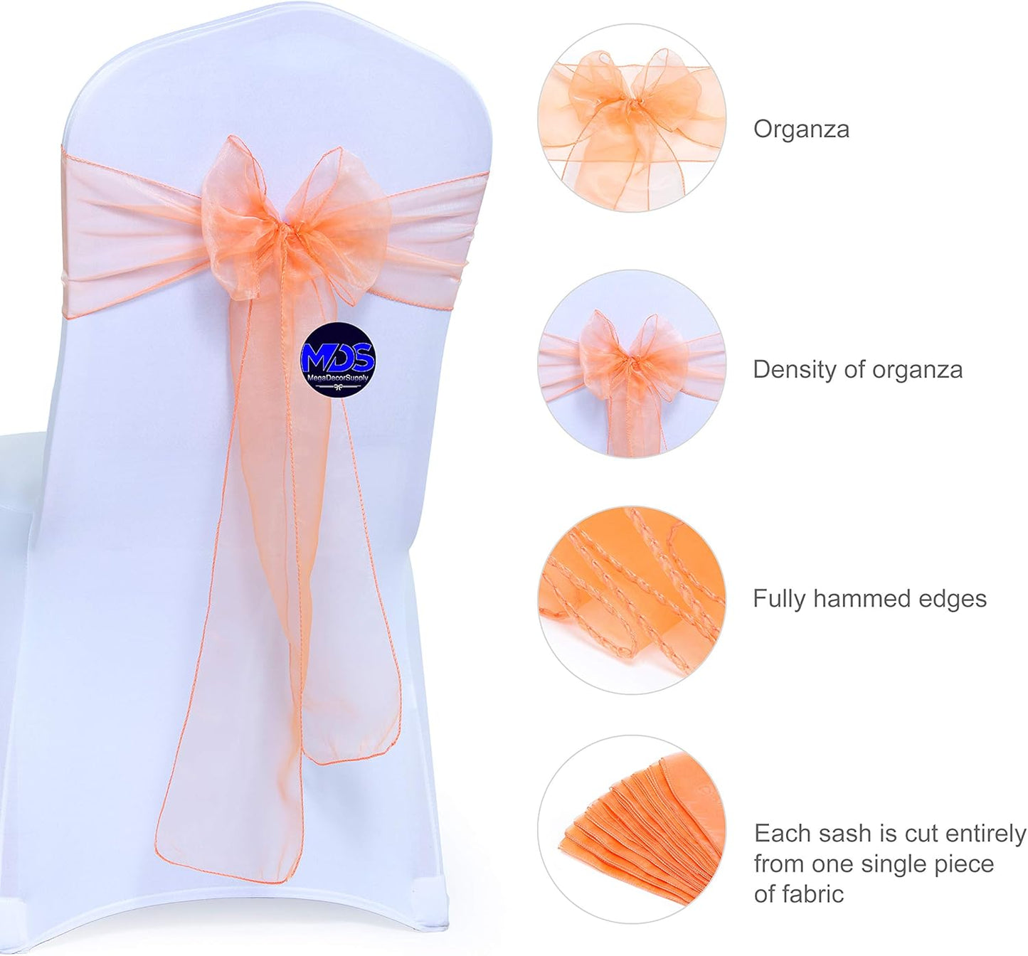 MDS Pack of 300 PCS Organza Chair Sashes Wider Dining Chair Bows Ribbon Tie Back for Wedding Party Birthday Bridal Shower Reception Event Banquet Home Chair Cover Decoration - Peach