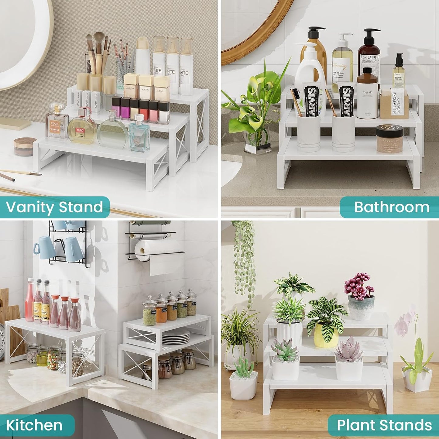 ELITEROO White 3-Tier Cupcake Stand & Wooden Display Riser, Dessert Stand for Cupcakes, Food, Perfume, Makeup, Dolls, Collectibles, Multi-Tiered Shelf Organizer for Market Vendors & Retail Display