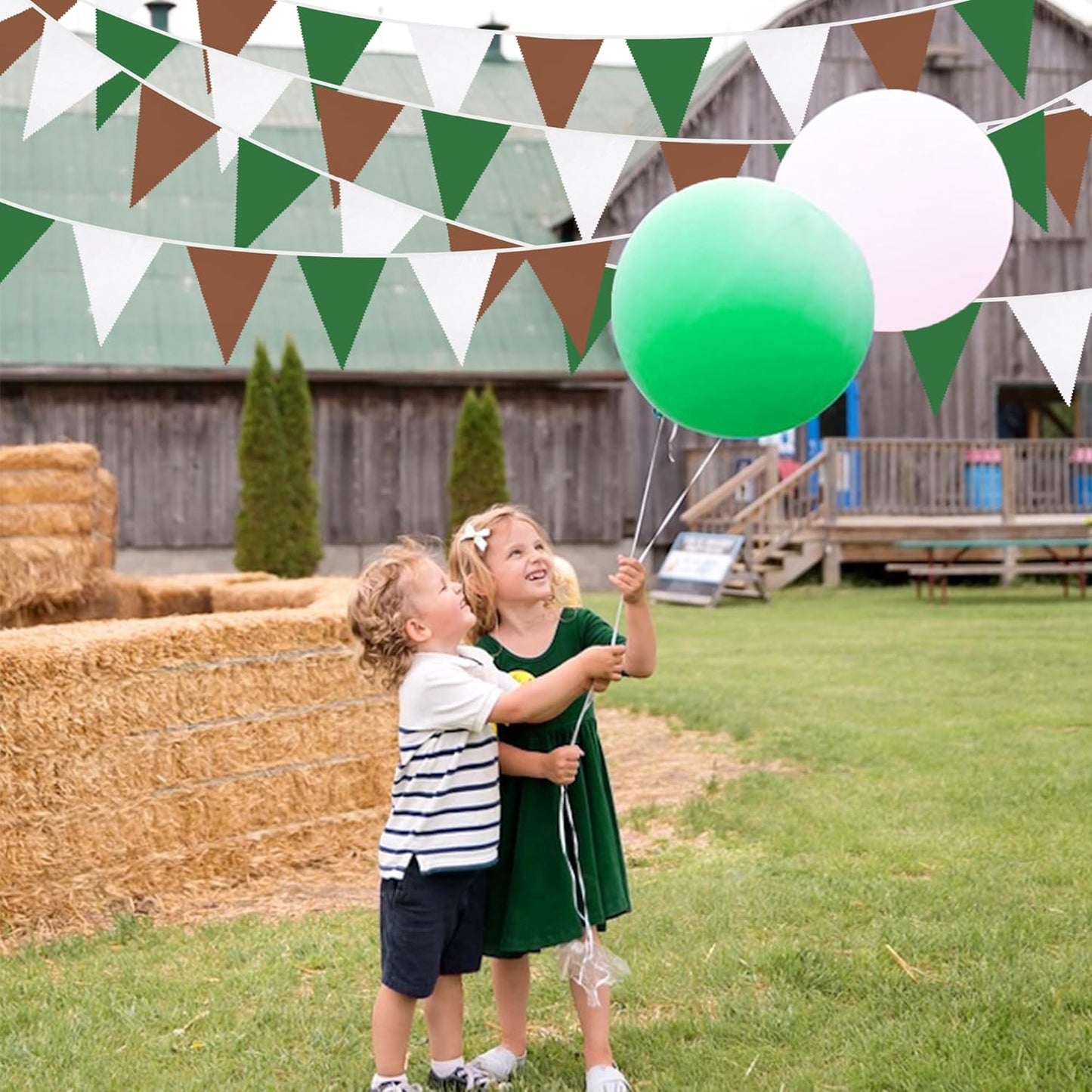 32Ft Green Brown White Party Decorations Brown Green Pennant Banner Fabric Triangle Flag Bunting Garland Streamers for Football Camping Birthday Baby Shower Jungle Safari Rugby Sport Party Decor
