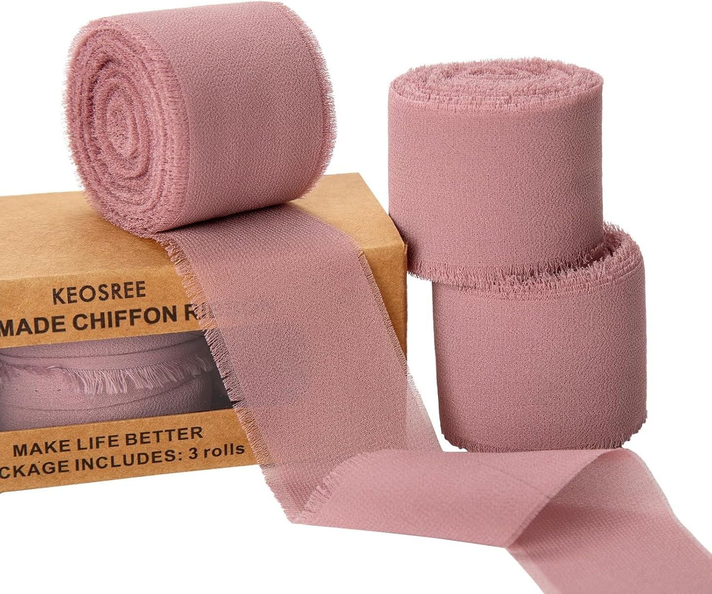 3 Rolls Dusty Rose Handmade Chiffon Ribbon,1.5" x 21Yd Frayed Fringe Silk Mauve Ribbons (3 Rolls *7Yd) for Gifts Wrapping, Wedding Invitations, Bridal Bouquets, Decorations