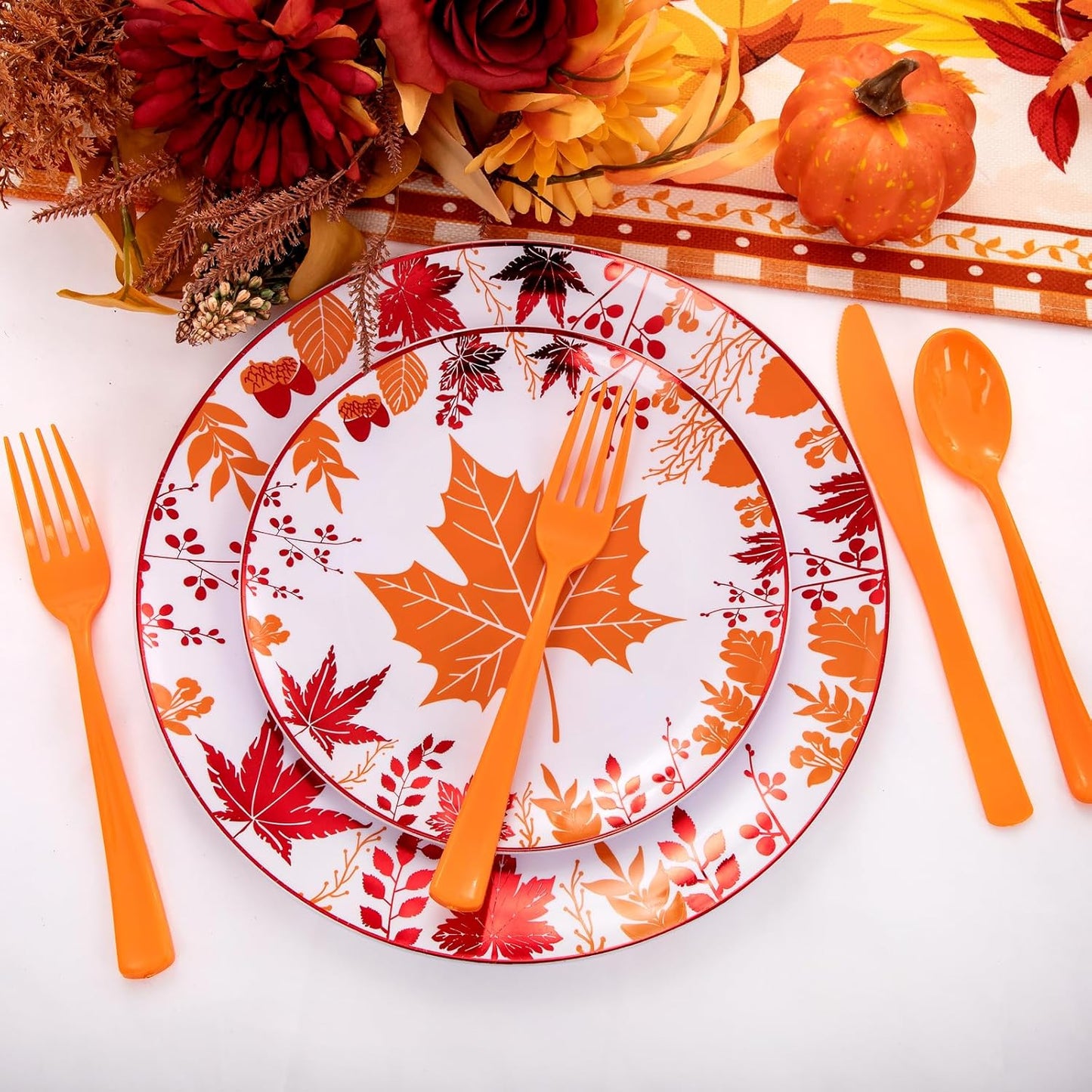 NOCCUR 180PCS Thanksgiving Plastic Silverware Disposable - Orange Plastic Cutlery Include 60 Forks, 60 Spoons, 60 Knives Ideal for Fall Party&Thanksgiving