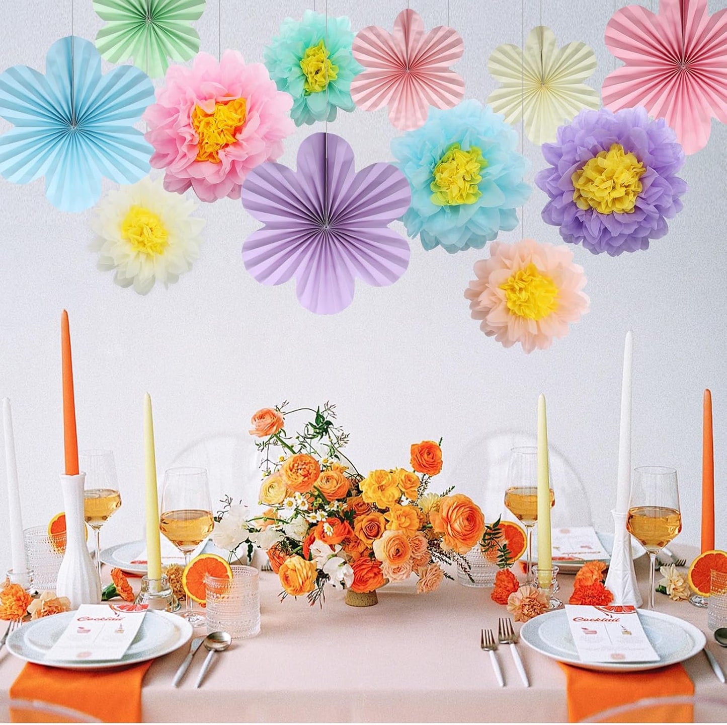 BestoFun 12PCS Paper Flowers Fans Pastel Party Decorations Tissue Paper Flowers Decorations for Girl Groovy Birthday Baby Shower Wedding Bachelorette Room Wall Hanging Décor
