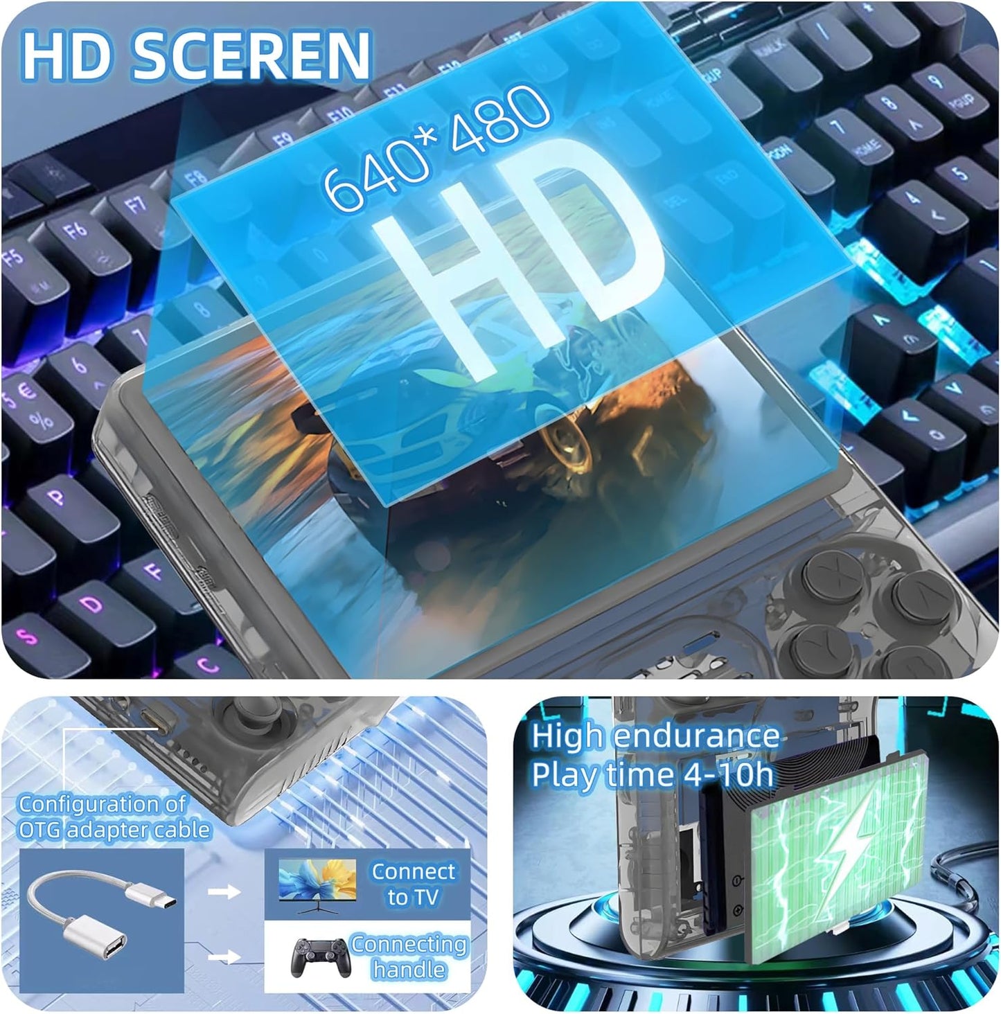 R40S PRO Retro Gaming Console, 30000+ HD Games Handheld Game Console, 3800mAh Rechargeable Mini Retro Video Console with 256GB TF Card, Portable Pocket Arcade (Transparent Grey)