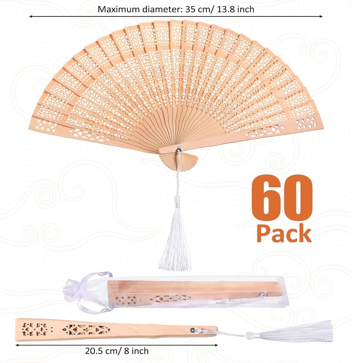 Qunclay 60Pcs Wooden Hand Fans Folding Wedding Fans for Guest Chinese Hollow Pattern with White Tassel and Gift Bag for Wedding Bridal Shower Birthday Party Favors Gift and Home Decor(Delicate Style)
