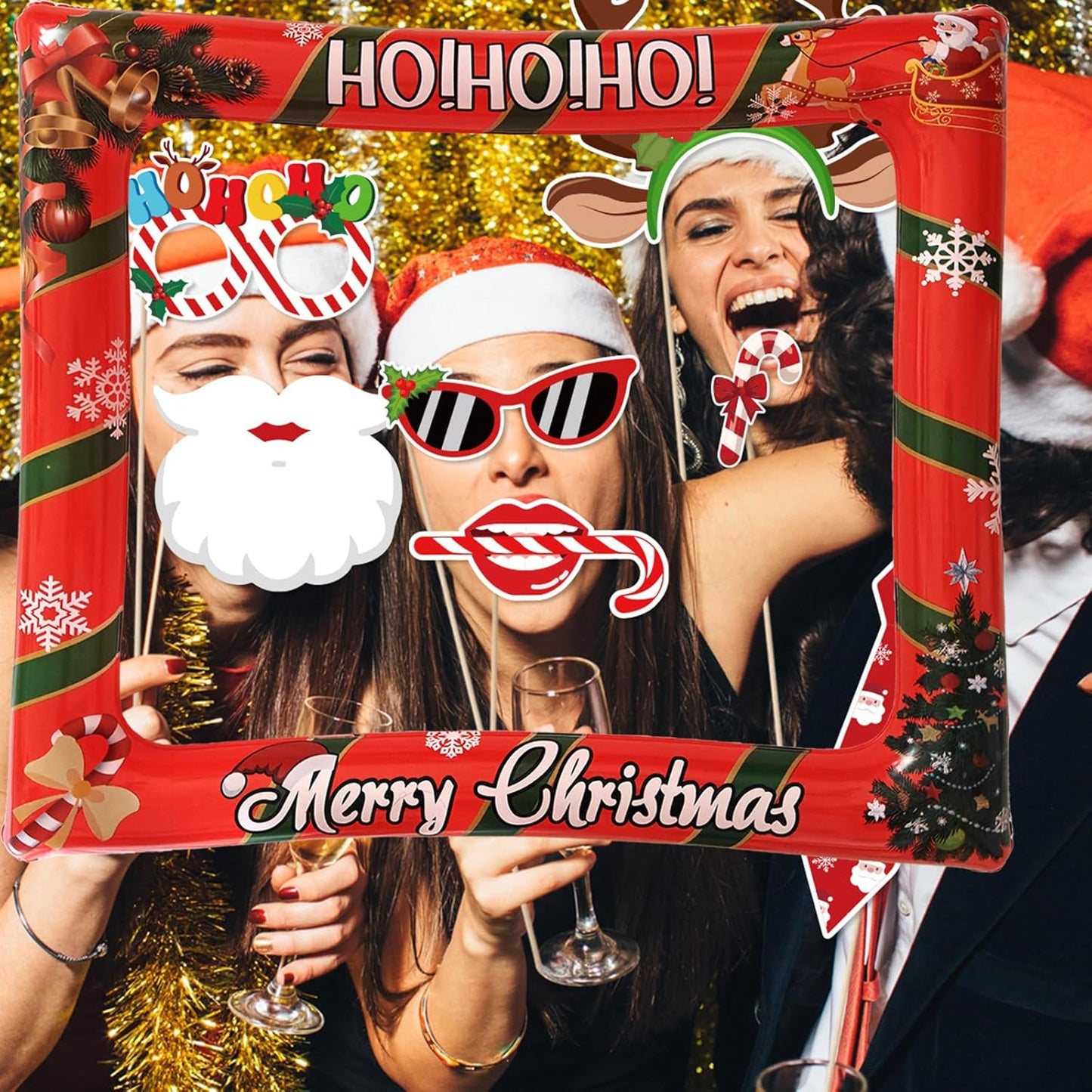 32 PCS Christmas Photo Props with Inflatable Selfie Photo Booth Frame - Funny Christmas Themed Photo Booth Selfie Frame Props for Adults Kids Red and Green Christmas Party Supplies Decorations