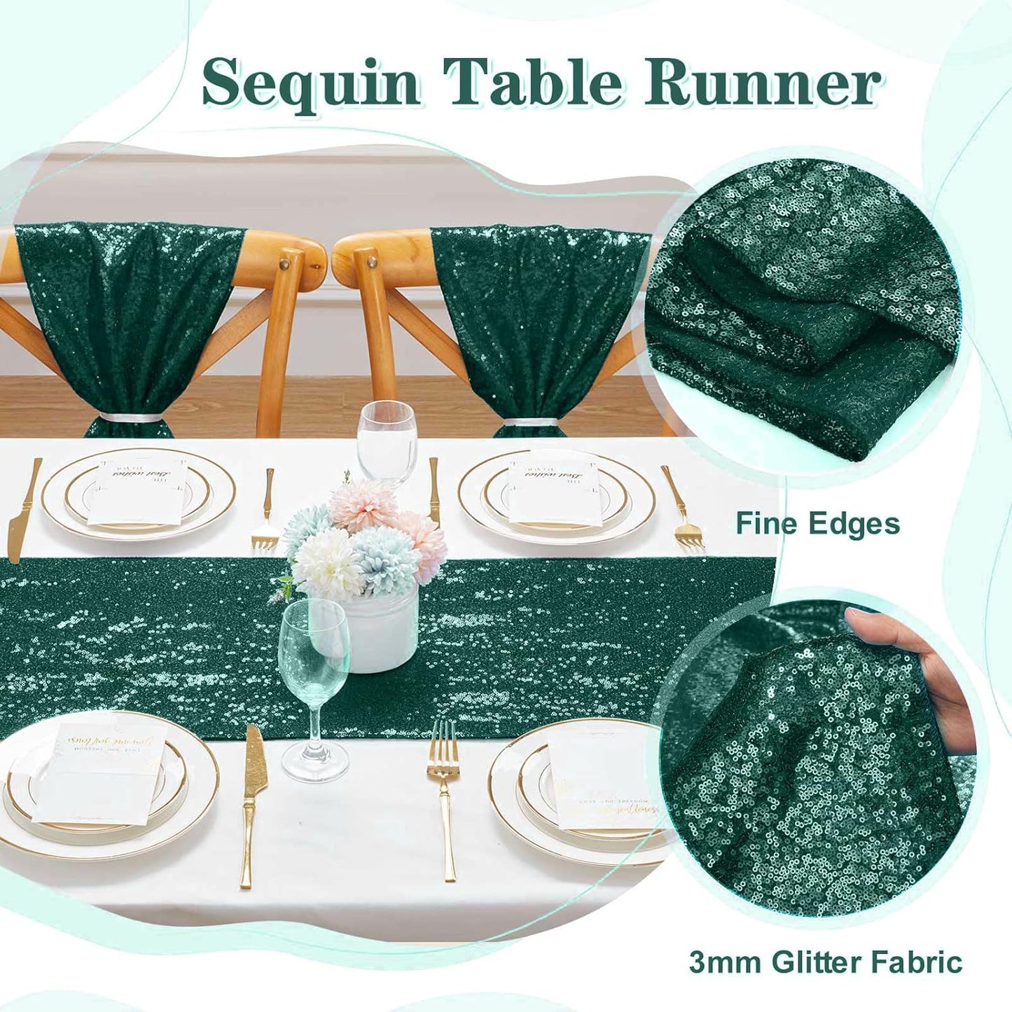 Sequin Table Runners 2 Pieces Emerald Green Table Runners 12x72 Inch Glitter Dining Table Cover for Party Wedding Birthday Reception Banquet Decoration Spring Party Chair Sashes