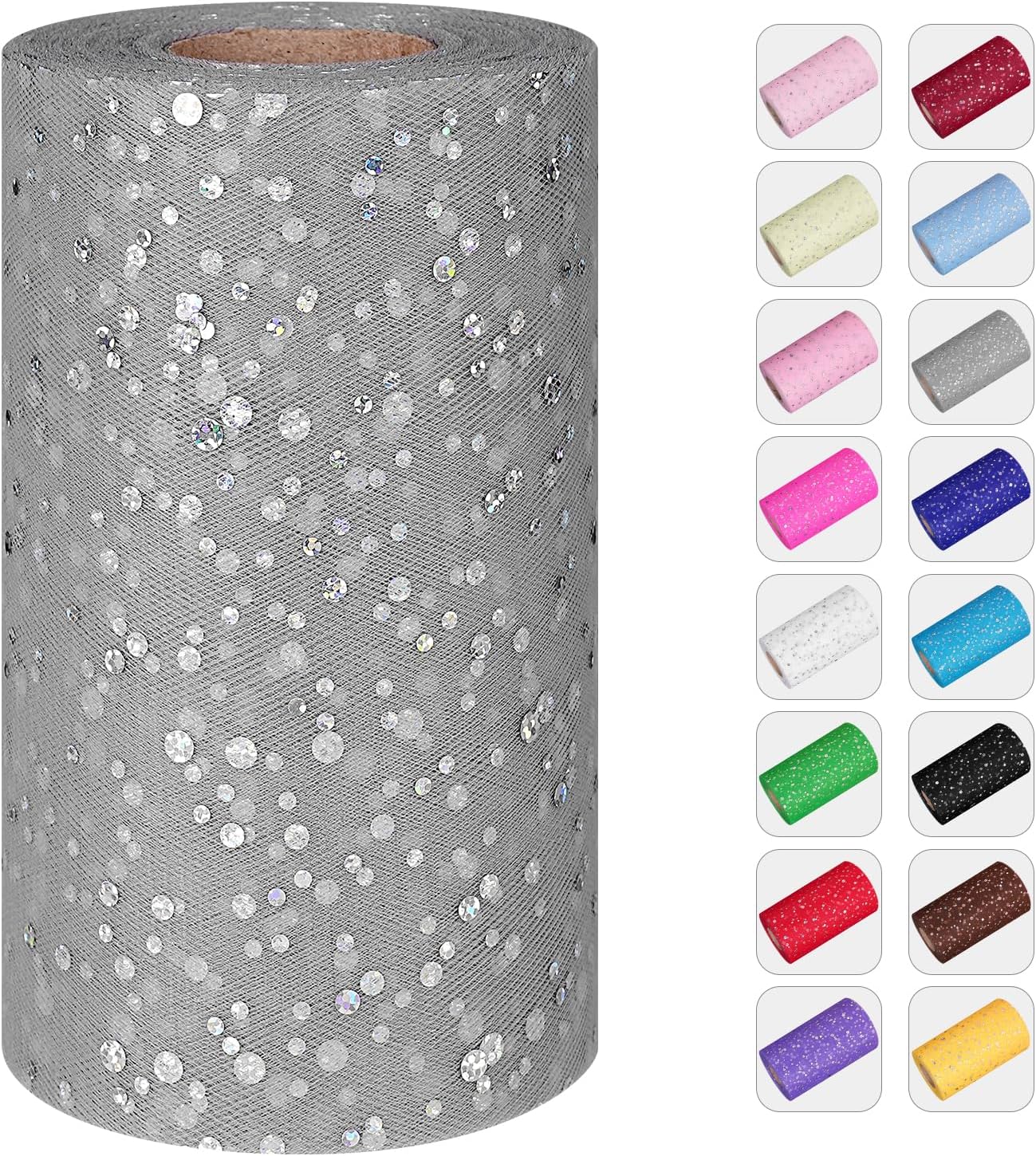 Glitter Tulle Rolls, 6” by 50 Yards (150FT) Sequin Tule Netting Fabric Tulle for Tutu Skirts Sewing Birthday Wedding Party Decoration (Sliver)