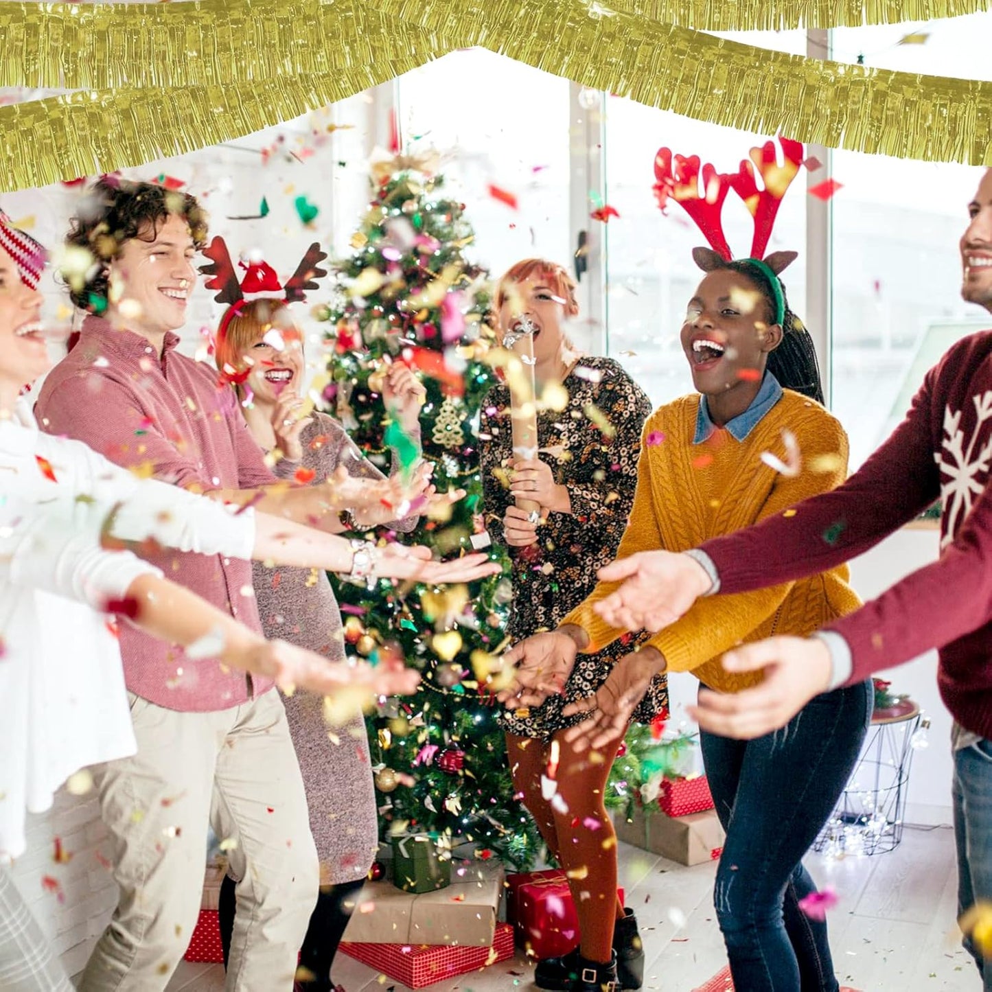 6 Pack 10 Feet Foil Fringe Garland Metallic Tinsel Streamers Banner Wall Hanging Curtain Backdrop Banner for Parade Floats, Thanksgiving, Christmas, Birthday, Halloween Party Decorations(Light Gold)