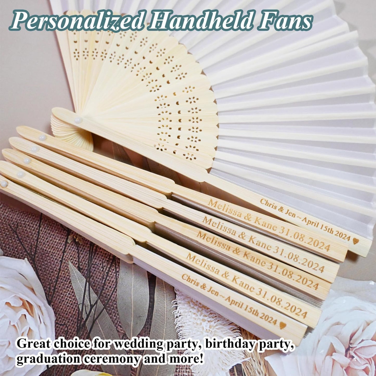 Personalized Engraved White Silk Fans Folding Hand Fans, Summer Wedding Fans, Custom Silk-Bamboo Fans Wedding Party Favor Bridal Shower Gifts (5 Pieces)
