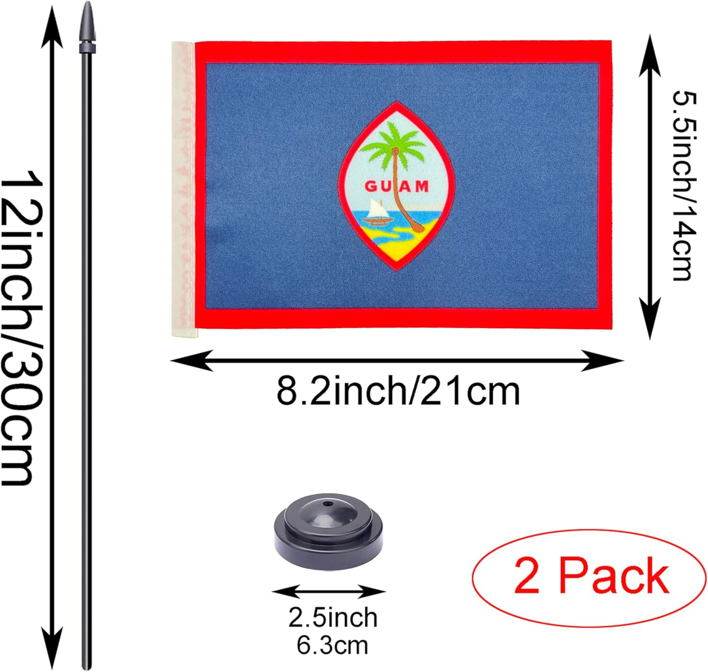 WXTWK 2 Pack Guam Flag - Mini Small Guam Table Office Flags with Black 11.8" Solid Pole Stand Base Classroom Meeting Desktop Decorations