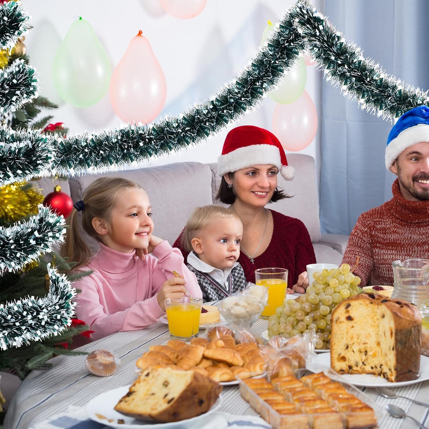 72 Feet Christmas Tinsel Garland Shiny Metallic Tinsel Twist Garland Streamers Ornaments Long Glitter Christmas Tree Hanging Decorations for Party Holiday Wedding Birthday Tree (Dark Green, Black)