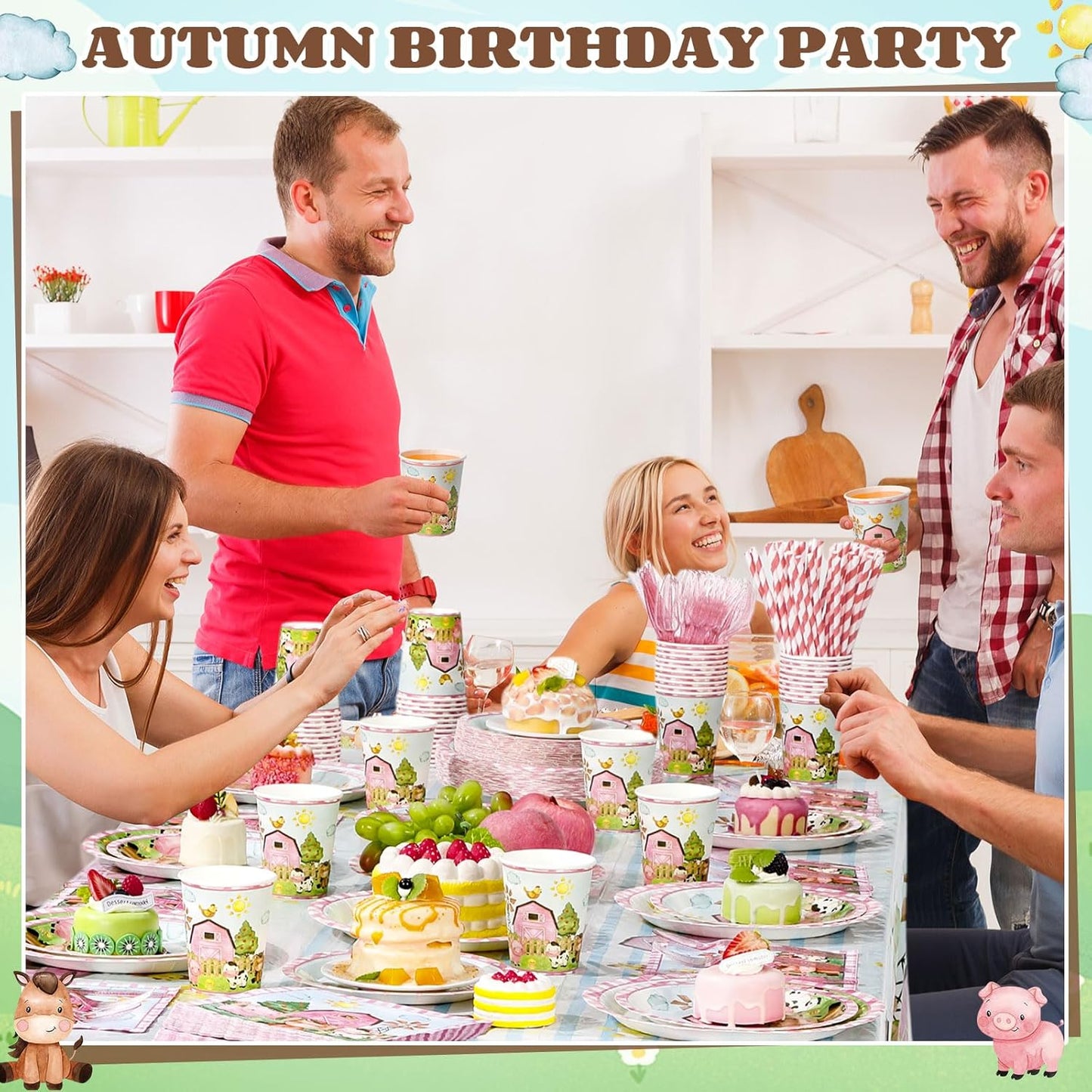 452 Pcs Pink Farm Animal Birthday Decorations for 50, Barnyard Animal Paper Plates Napkins Cups Tablecloth Cutlery Straws Barn Farm Tableware Set for Birthday Baby Shower Party Supplies
