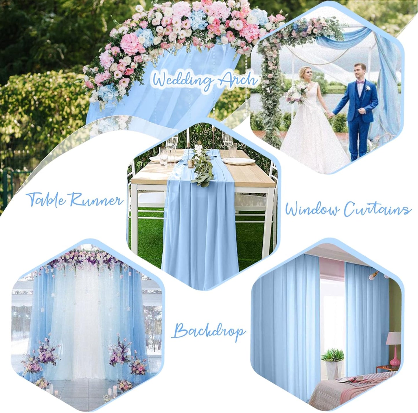 PARTISKY 10ftx7ft Blue Chiffon Backdrop Curtains, Wrinkle-Free Sheer Fabric Photo Drapes for Wedding Ceremony Arch Birthday Baby Shower Photography Stage Decor 5ft x 7ft, 2 Panel