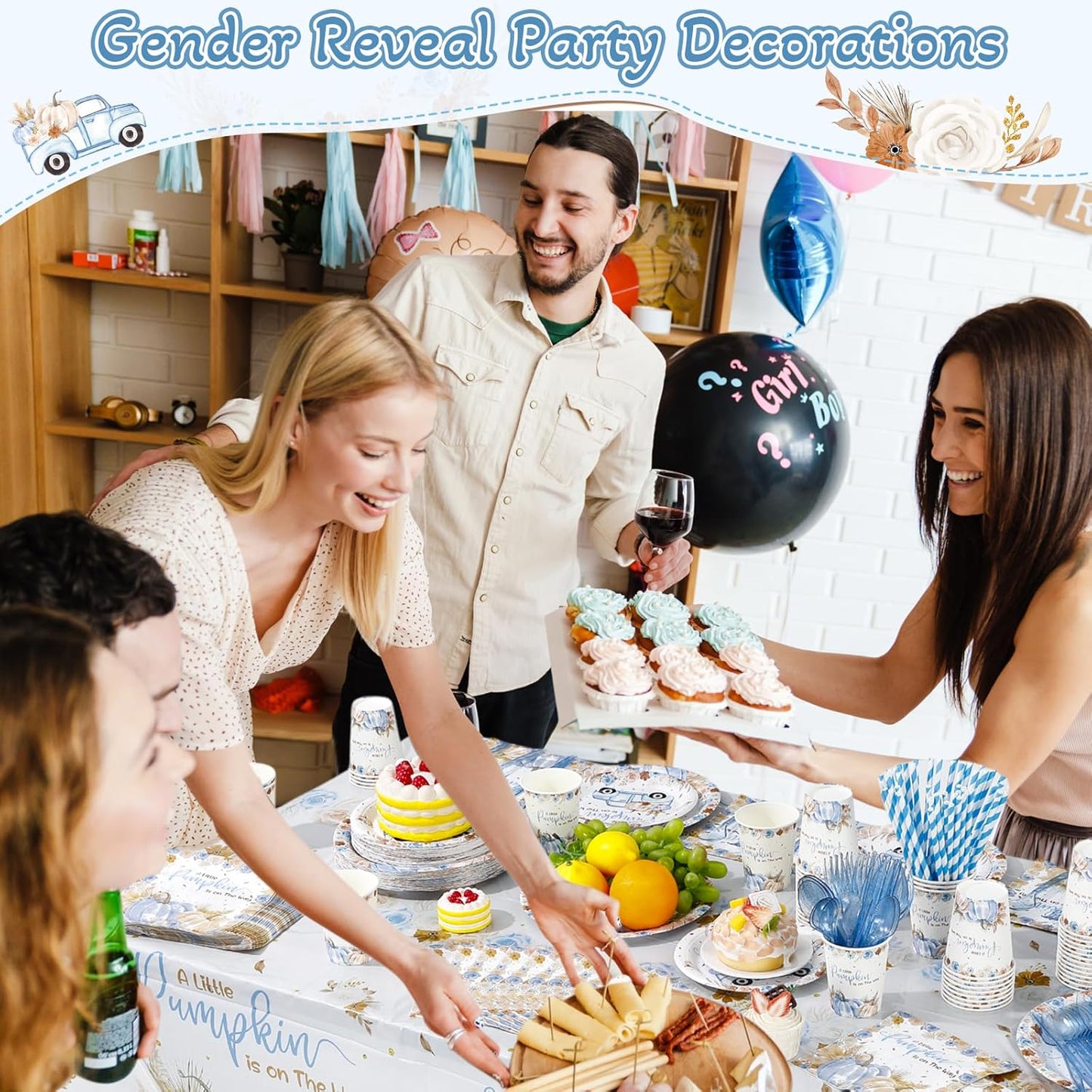 452 Pcs Little Pumpkin Baby Shower Decorations for 50, Blue A Little Pumpkin Is on the Way Paper Plates Napkins Cups Tablecloth Cutlery Straws for Autumn Fall Thanksgiving Party Supplies