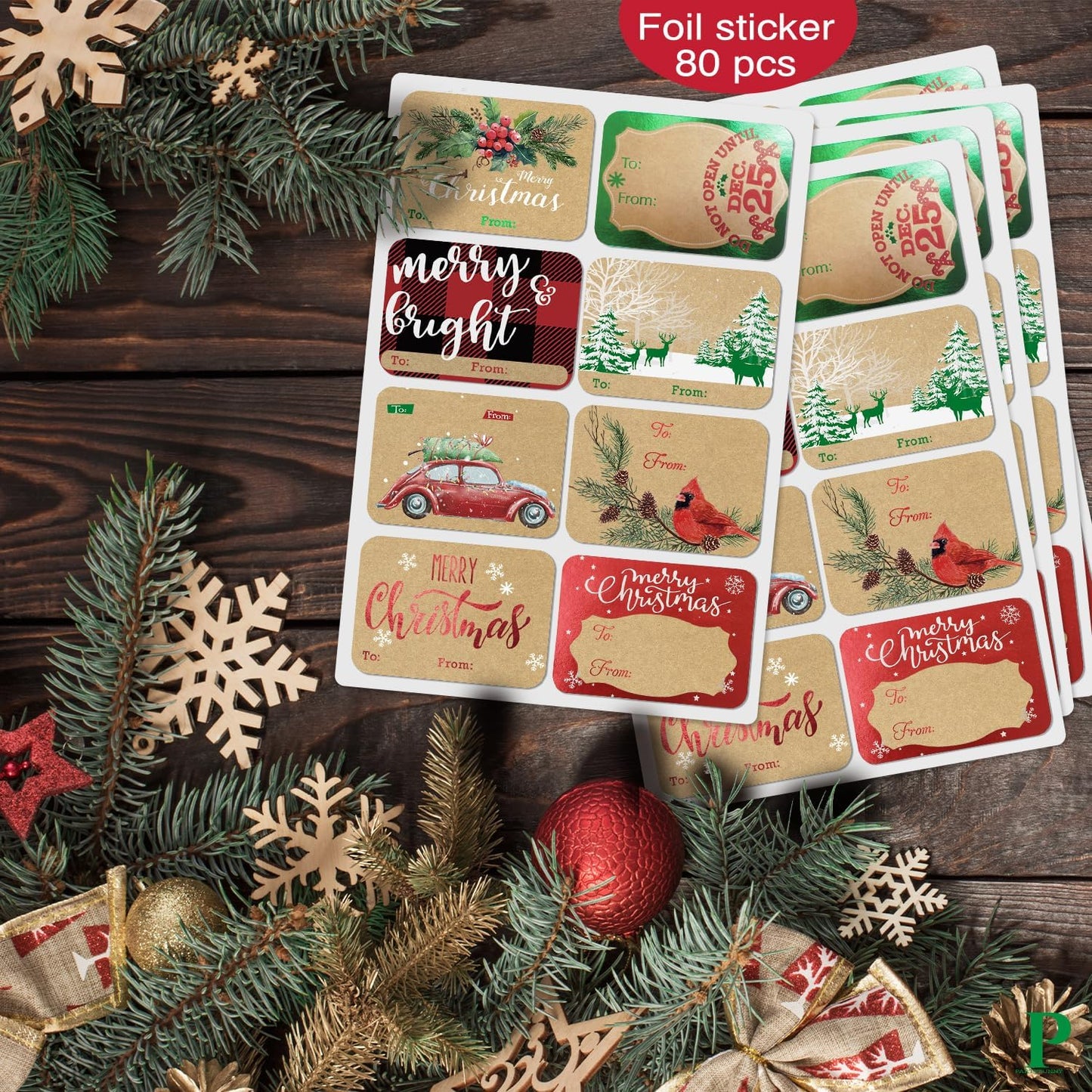 80-Count Foil Kraft Christmas Tags Sticker，8 Jumbo Designs - Xmas to from Christmas Stickers Name Tags Write On Labels - Holiday Present Labels