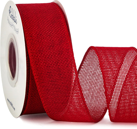 Ribbli Red Burlap Wired Ribbon,1-1/2 Inch x 10 Yard,Wired Edge Ribbon for Big Bow,Wreath,Tree Decoration,Outdoor Decoration