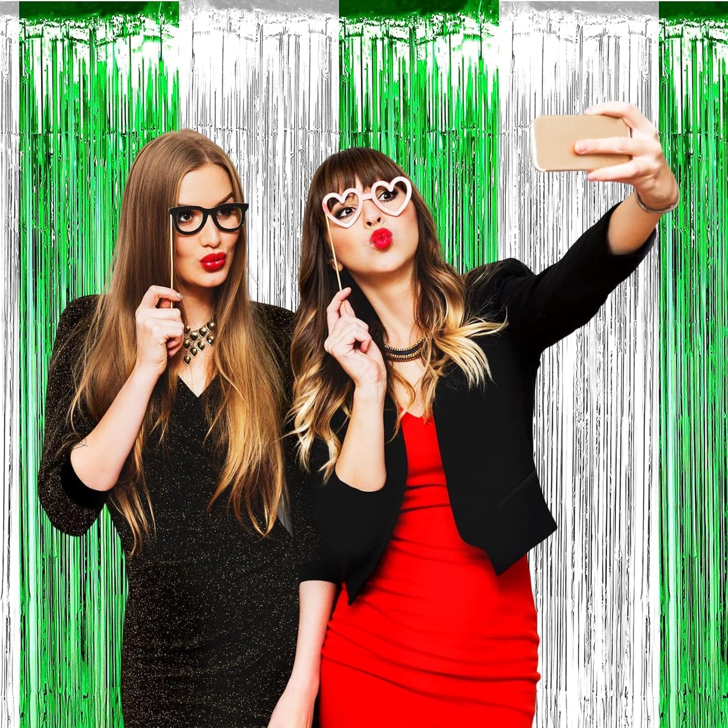 4 Pack Foil Fringe Curtain Backdrop, 3.28Ft x 8.2Ft Metallic Tinsel Foil Fringe Streamers Curtain for Photo Booth, Wedding, Mardi Gras Birthday Carnival St Patrick Day Party Decoration (Silver Green)