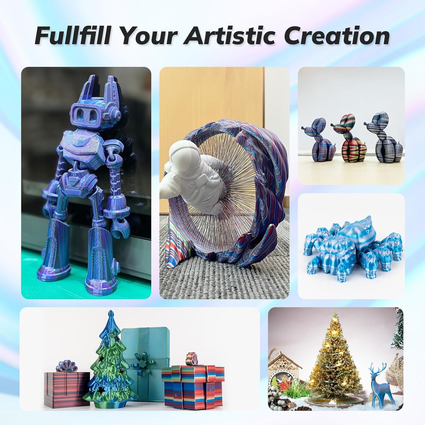 AMOLEN Silk PLA 3D Printer Filament, Shiny Multicolor Rainbow PLA Filament 1.75mm, Fast Color Change PLA 3D Printing Filament for Most FDM 3D Printer, Blue Pink White, 1kg (2.2lbs)