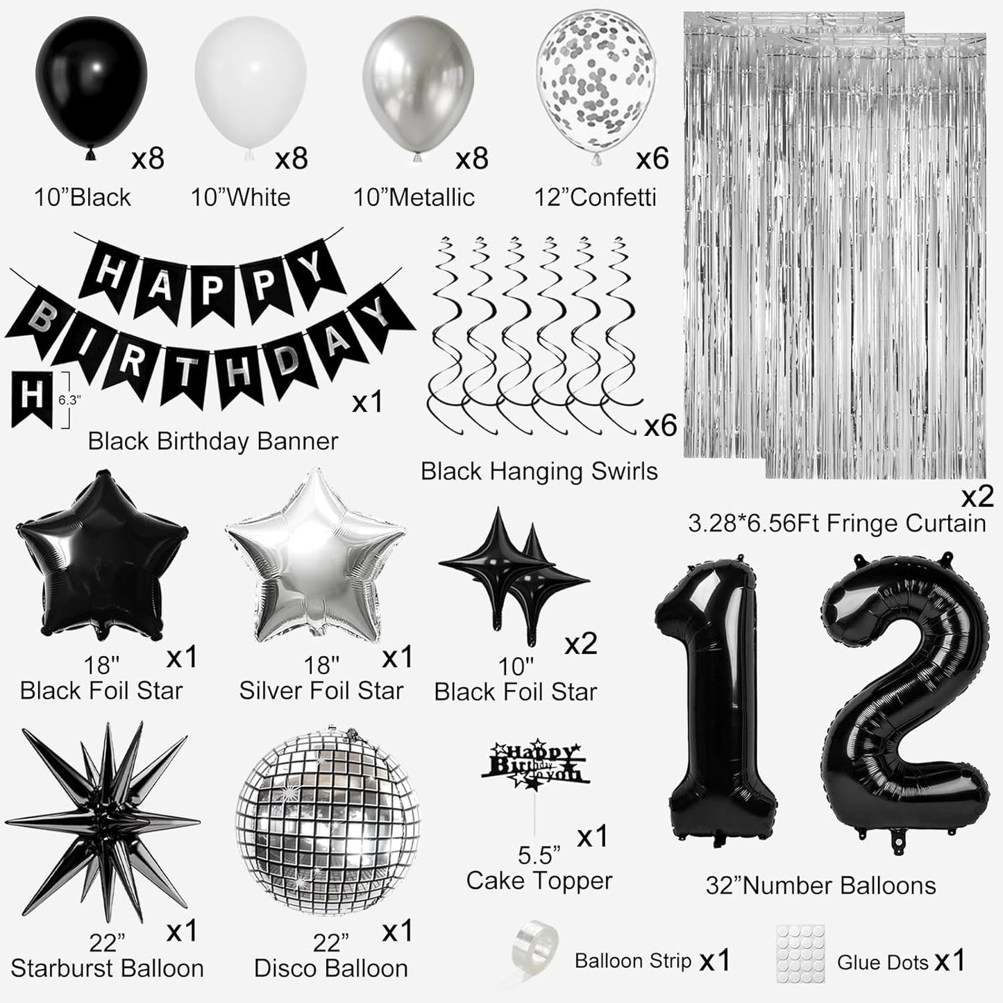 12th Birthday Decorations for Boys Girls, Black Silver Happy Birthday Party Decorations， 12 Year Old Party Supplies with Number 12 Balloons, Banner, Fringe Curtains Kit