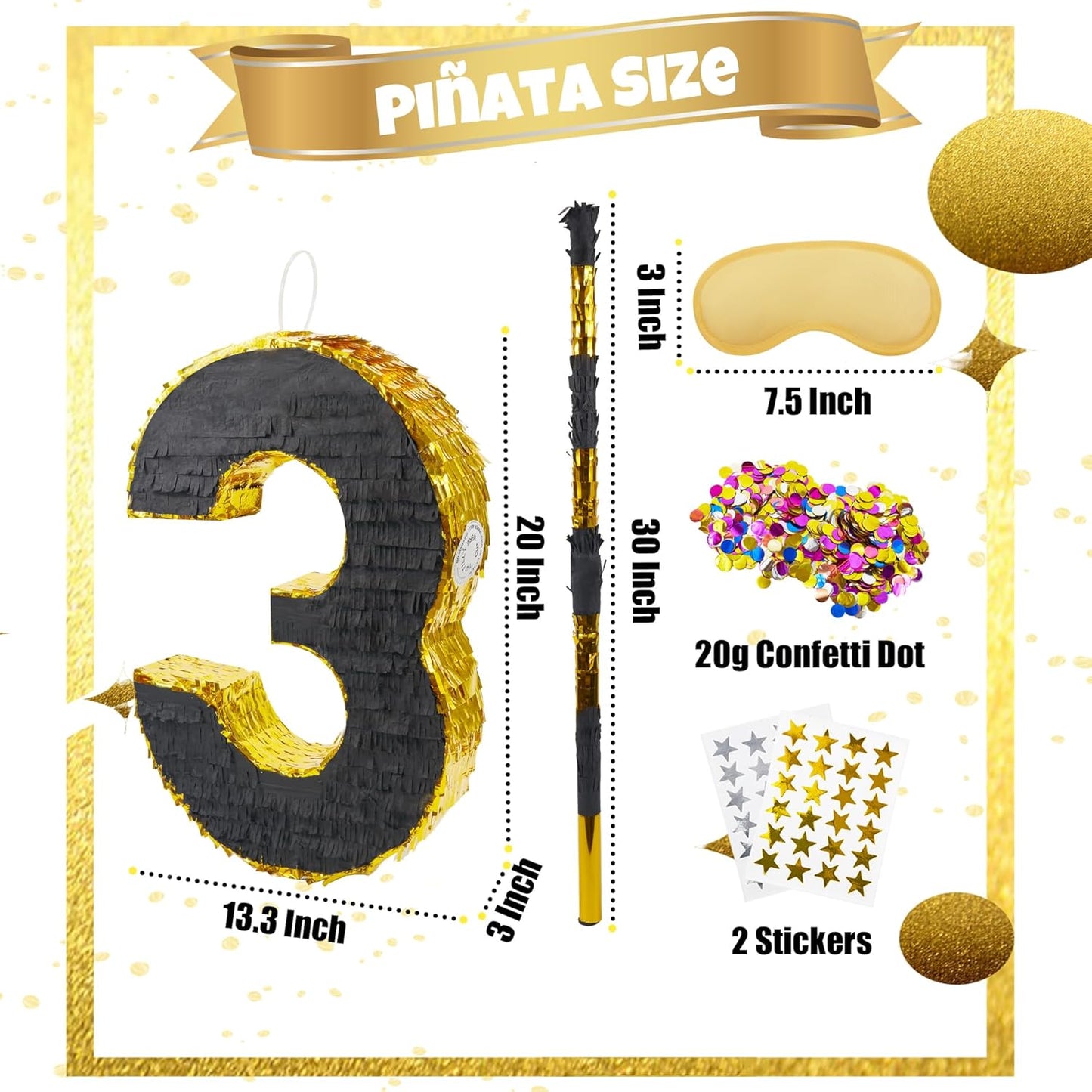 PCFING 20 Inch Number 3 Piñata Gold Black with 30 Inch Piñata Stick Blindfold Confetti for Man Women Boys Girls Birthday Party Decorations, Anniversary Celebration, Fiesta
