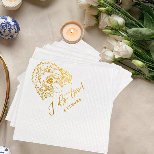 Luxury Personalized Illustrated Dog Wedding Napkins, Personalized Photo Napkins for Dog, Custom Wedding Cocktail, Bridal Shower, Engagement Party