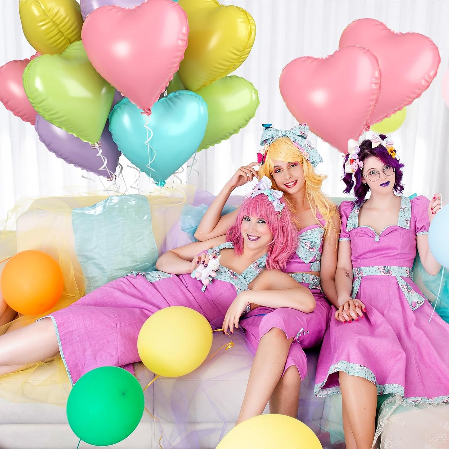 Biapian Pastel Heart Balloons, 10 Pcs Macaron Heart Shape - 18inch Pastel Pink Purple Green Teal Yellow Foil Valentines Balloons for Kids Candy Birthday Wedding Baby Shower Decoration